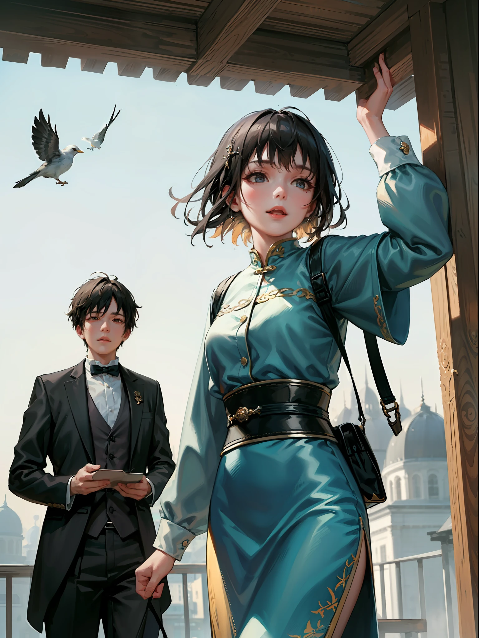 (a woman and a man: 1.5), early in the morning, in a place where birds are singing, frolicking, expression joy, 8k, exquisite painting style, details, super detail, exquisite facial details