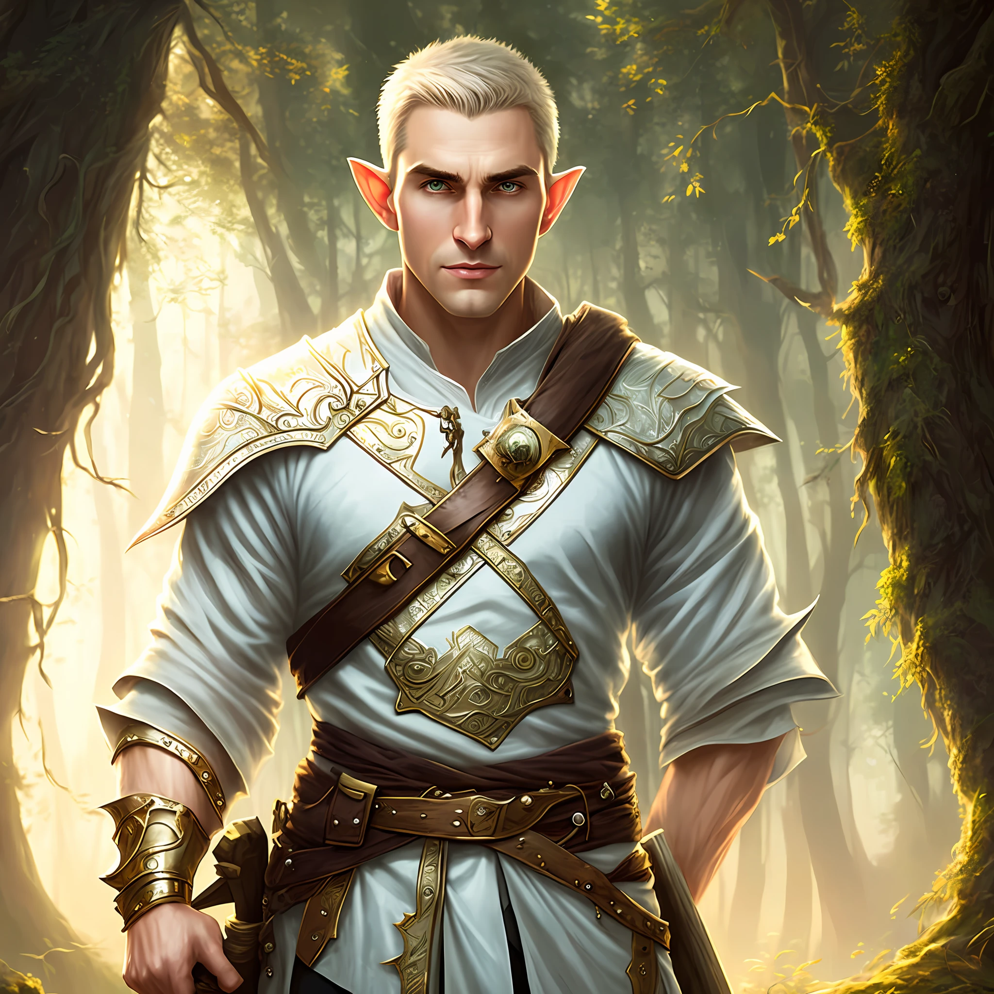 Forest background, blue eyes, DND character, knight, male elf, right hand holding a page hammer, single, young, no beard, white crew cut, 85 kg, portrait, popular on ArtStation, MDJRNY-V4 style, highly detailed portraiture, Highelf, Greg Rutkowski and Alphonse Mucha, sharp focus, matte, concept art, art station, digital painting