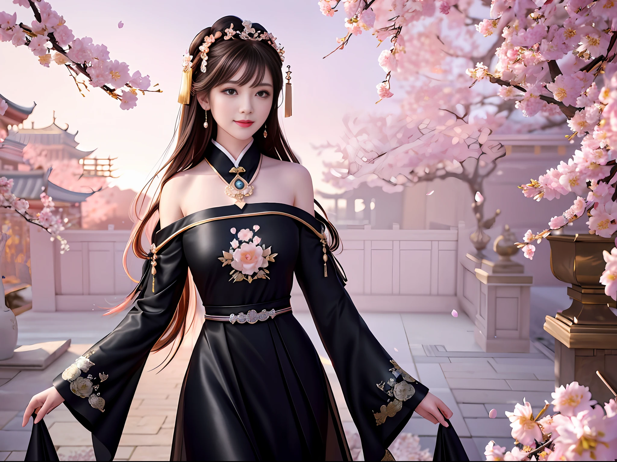 Excellent, masterpiece, high resolution, 8k, wallpaper, (((a girl))), (solo))), blush, star pupils, (realistic face), (high detail face), bright big eyes, (smile: 0.8), beautiful and delicate face, sexy body, Chinese Hanfu, ((black dress)), bandeau, medium chest, leaky shoulders, long hair fluttering, bangs, hair accessories, necklaces, jewelry, beauty, tyndall effect, realistic, light edge, ancient courtyard, courtyard full of plum blossoms, (High Detail Skin: 1.2), 8K UHD, DSLR, Soft Light, High Quality, Volumetric Lighting, Candid Photo, High Resolution, 4K, Background Blur