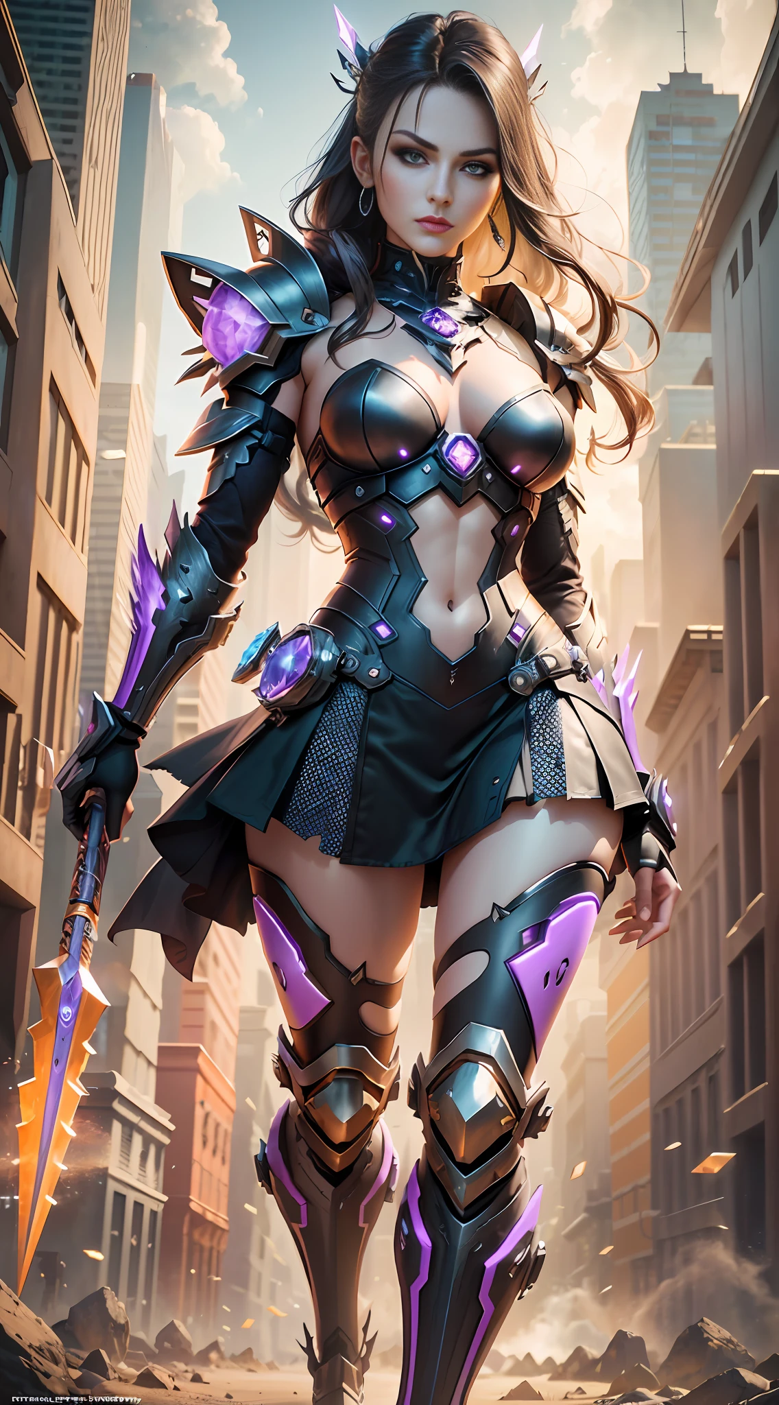 Cyberpunk fantasy style, full body close-up, exaggerated action, female warrior, mechanical, black background, sexy, charming facial features, ready for battle stance, serious expression, long white hair, purple eye shadow, black eyeliner and eyelashes, coral color for lips, {(crystal and gemstone exoskeleton armor: 1.6), (mid-length skirt armor: 1.8), (color: 1.1), (color: 1.2) gorgeous armor: 1.5) mechanical, } smooth surface, high definition, natural light, optical particles, Tyndall Effect, 2.5D, CGI Fantasy Art, High Detail, Surrealism, Cubism, Constructivism, Chiaroscuro, Ray Tracing, Backlight, Stereogram, Film Lighting, UHD, Retina, Masterpiece, Ccurate, Anatomically Correct, High Resolution, Best Quality, Textured Skin, HD, 4K