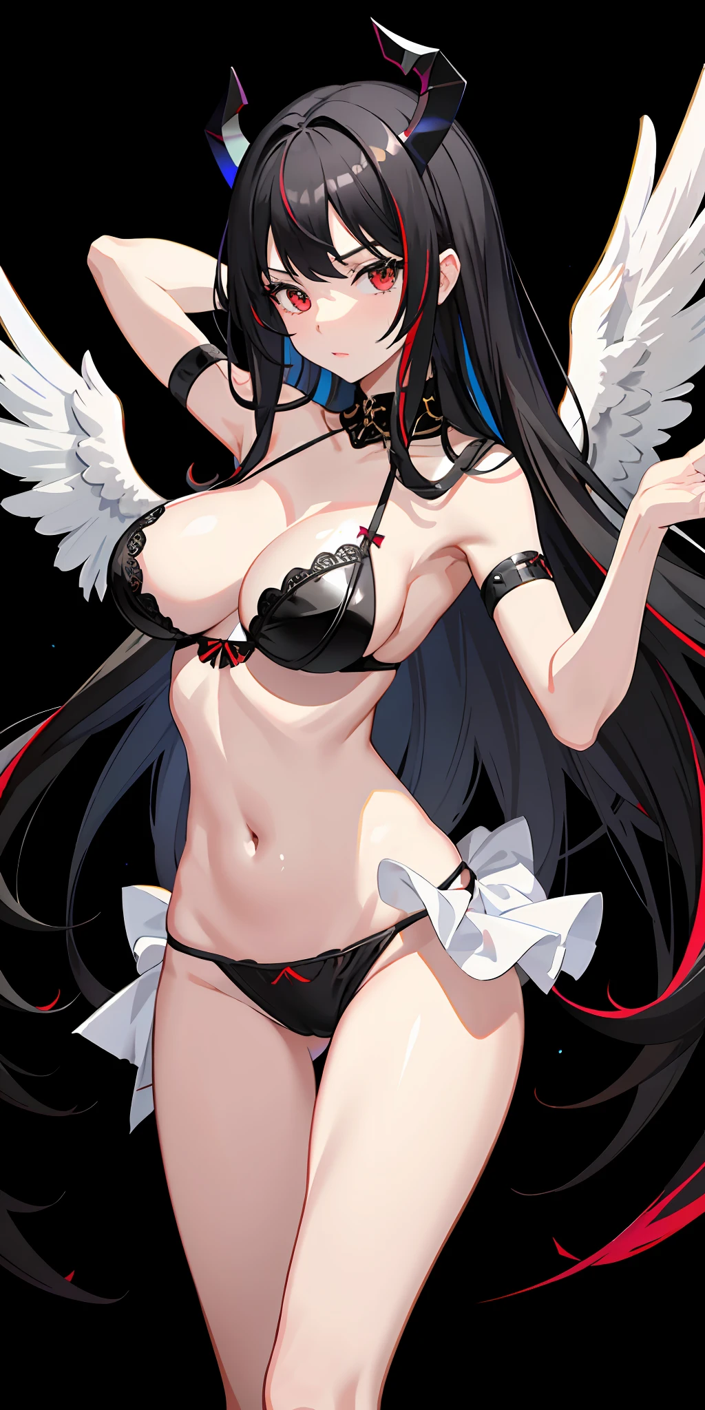 1girl, black hair, multicolored hair(white,black), red eyes, sidelighting, light particles, wallpaper, big breast,g string, small bra, dynamic pose, bring a sword, devil horn, Angel wing,milf body, seductif
