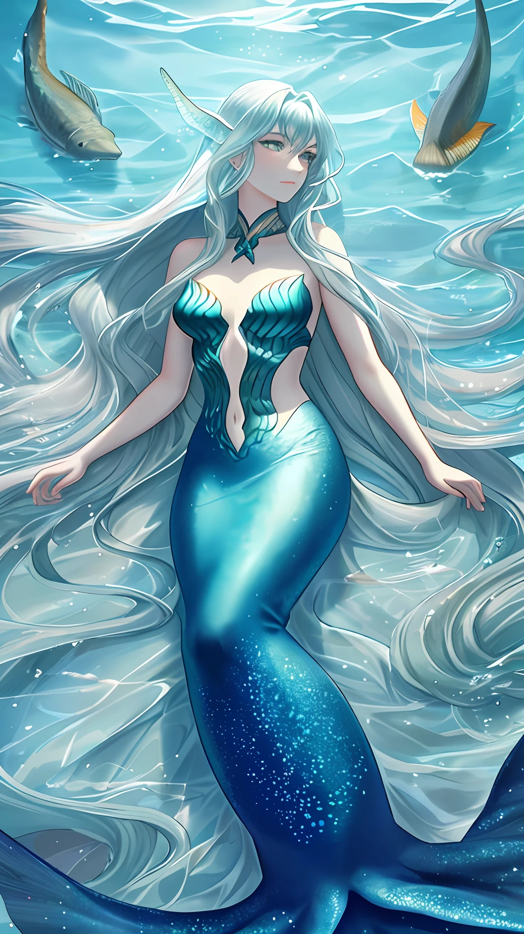 A mermaid, mystical, slender and elegant body, with the upper part being human and the lower one transformed into a scaly tail, skin with luminous and soft tone,Her face is harmonious and charming, large and expressive eyes, long silky hair flowing in sinuous waves, color of her hair in shades of sea-green, dark-blue, on the seabed,   algae, fish, starfish, corals