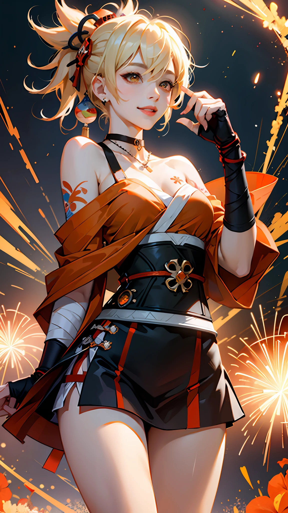 ((Masterpiece)), (Best Quality: 1.7), (detail: 1.4), (High resolution: 1.4), 8K, (Color: 1.5), 2D, High resolution, Sharp image, 4K, HD, Meigiya (Genshin Impact), Shimocha, Kimono, Nail polish, Bandage legs, Tattoo, Single-finger gloves, Fingerless gloves, Red necklace, Arm support, Hair between eyes, Bandage, Necklace, Look at the audience, Belt, Single bare shoulder, Vision (Genshin Impact), Blonde, Collon, Orange Kimono, Blush, medium breasts, hands up, bandage arms, thighs, black gloves, flower tattoo, arashi, chest arasa, japanese clothes, rope, orange eyes, orange nails, solo, belt, arm tattoo, shut up, ponytail, white background, gloves, jewelry, smile, hair accessory, hada nuji dosa, 1 girl, chest tattoo, half, sphere, sun, flowers, shoulder shedding, standing,