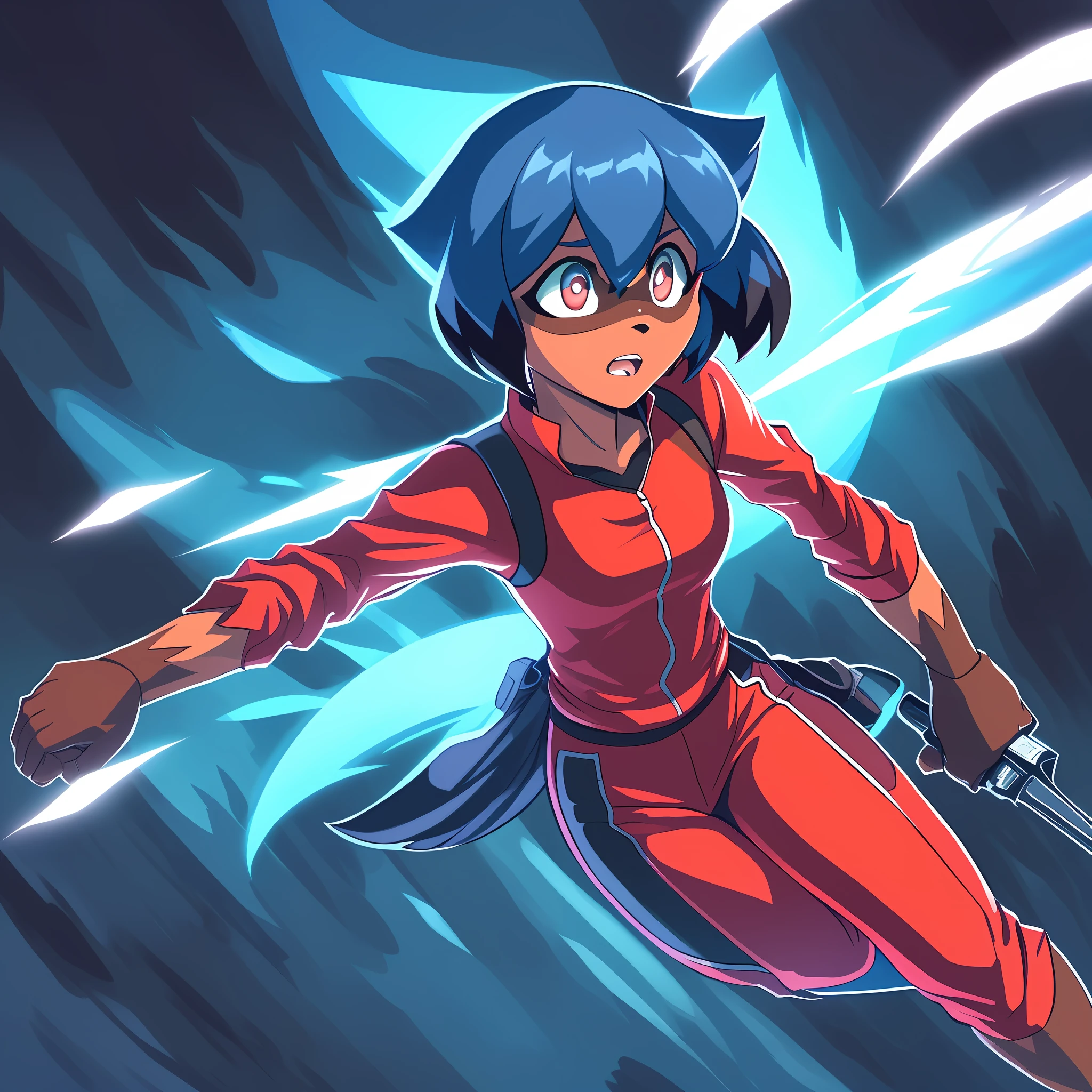 an ultra-detailed masterpiece illustration of a blind assassin, Michiru Kagemori, with a dynamic pose and angle. She's a female character with an intimidating presence, dressed in a black and red assassin's attire and wielding deadly weapons. The focus should be on her expressionless face, and her shining eyes, which seem to radiate power and confidence. The overall scene should be shrouded in darkness, with only faint light illuminating the edges, adding a sense of mystery and danger to the image.