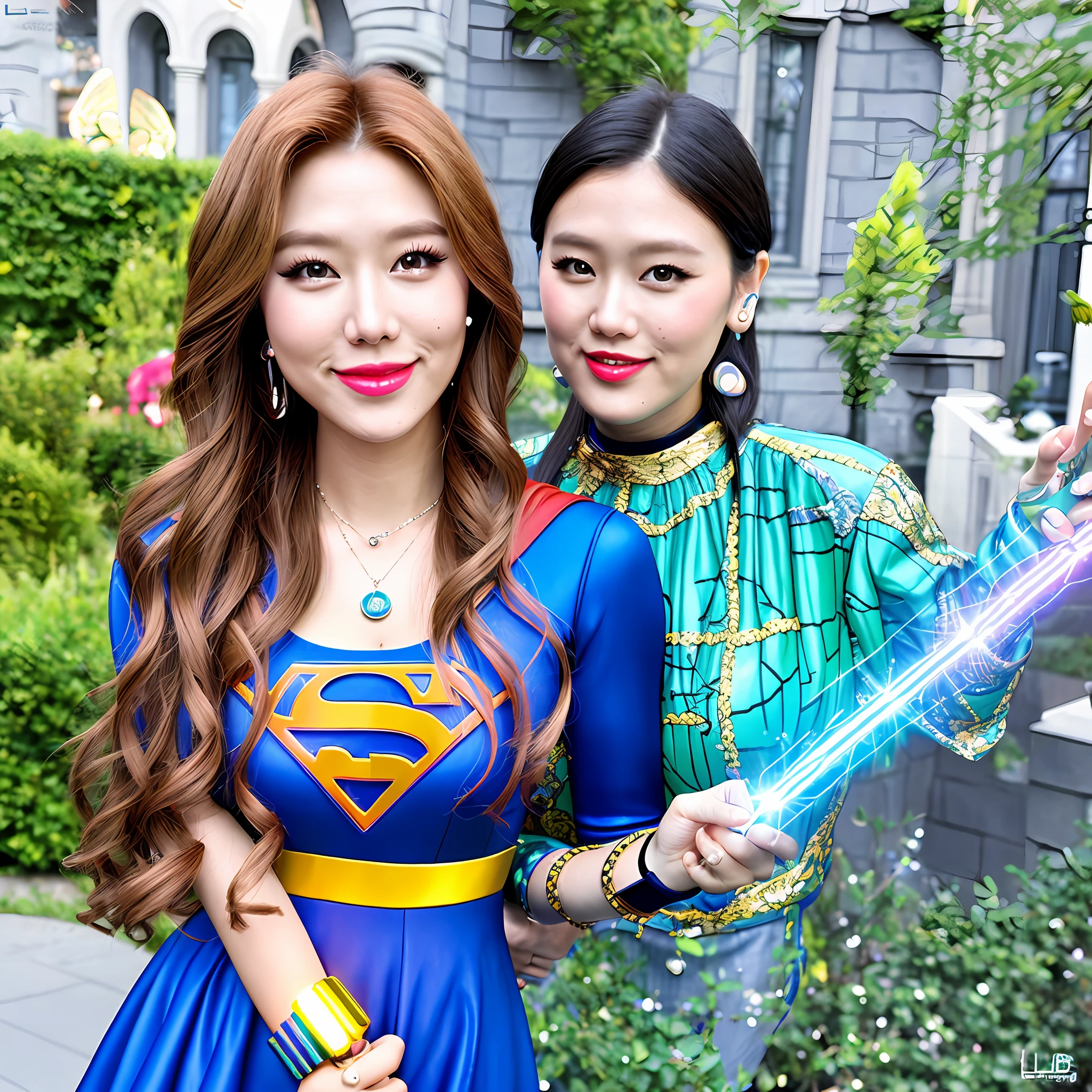 ((photorealistic)), coloring book cute supergirl prime minster dress, kissing puppy butterfly, lightsaber, bracelet necklace, outside discoball stockholm, techno mansion, pixar