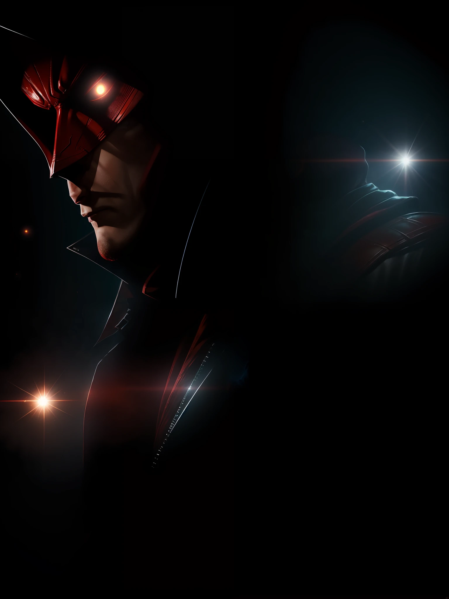 Movie scene, Red Hood from DC close-up shot, distorted space, distorted undead in the background, lens flares, light shafts, intricate details, highly detailed, volumetric lighting, 4k rendering, stock photo, hyperrealistic, realistic textures, dramatic lighting, Unreal Engine