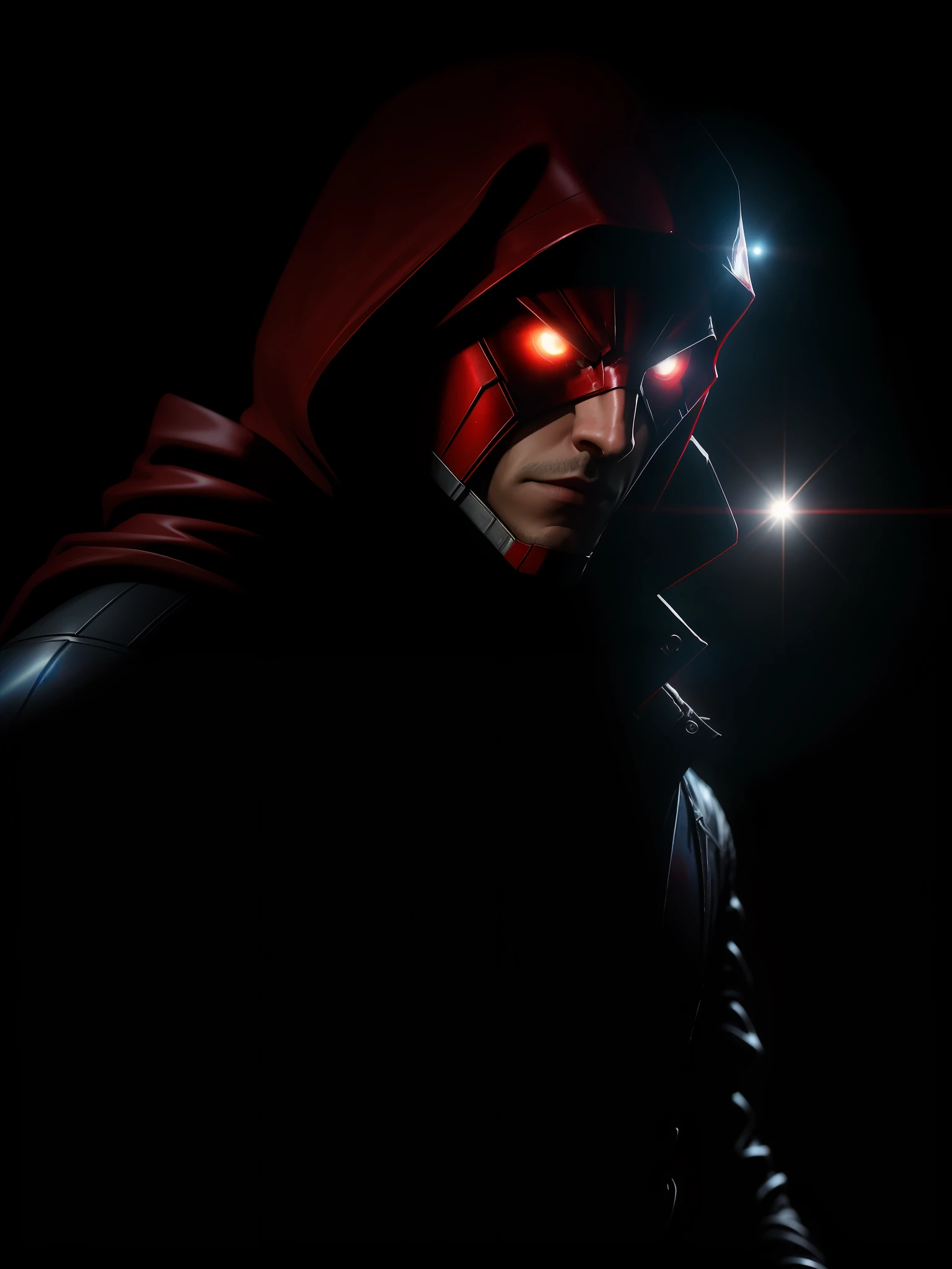 Movie scene, Red Hood from DC close-up shot, distorted space, distorted undead in the background, lens flares, light shafts, intricate details, highly detailed, volumetric lighting, 4k rendering, stock photo, hyperrealistic, realistic textures, dramatic lighting, Unreal Engine