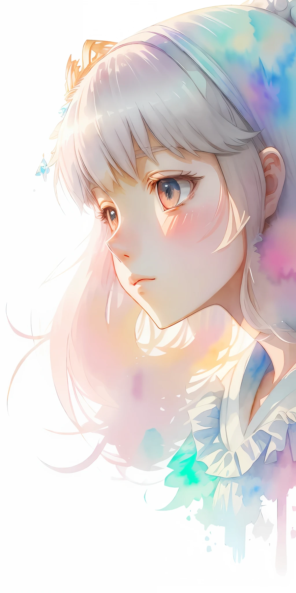 perfectly structured, (watercolor), digital illustration, anime style, a dirty, the immaculate (princess of light:1.3), highly detailed, volumetric lighting, kawaii pastel colors, dynamic composition, sharp and crisp image, (delicate, sublime:1.2), beautiful beyond words,