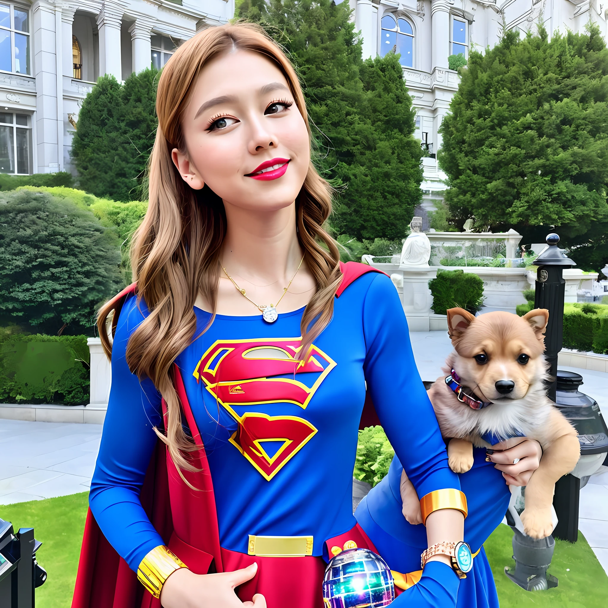 ((photorealistic)), coloring book cute supergirl prime minster dress, kissing puppy butterfly, lightsaber, bracelet necklace, outside discoball stockholm, techno mansion, pixar