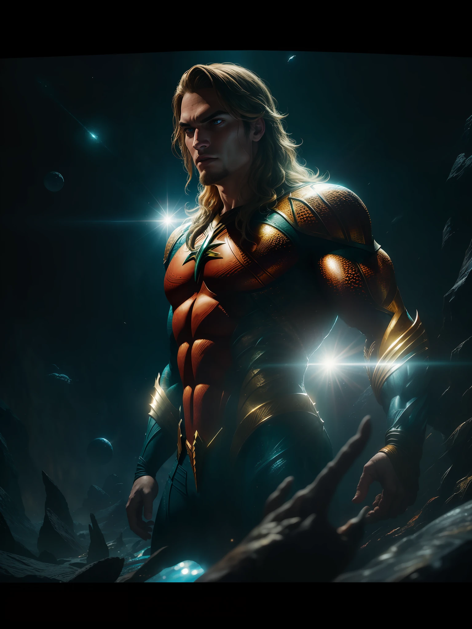 Scene from Movie, Aquaman from DC Close-Up Shot, Distorted Space, Distorted Undead in the Background, Lens Flares, Light Shafts, Intricate Details, High Detailed, Volumetric Lighting, 4k Rendering, Stock Photo, Hyper Realistic, Realistic Textures, Dramatic Lighting, Unreal Engine