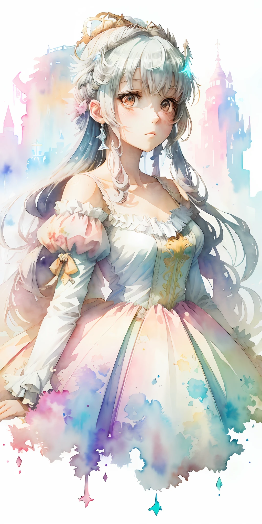 perfectly structured, (watercolor), digital illustration, anime style, a dirty, the immaculate (princess of light:1.3), highly detailed, volumetric lighting, kawaii pastel colors, dynamic composition, sharp and crisp image, (delicate, sublime:1.2), beautiful beyond words,