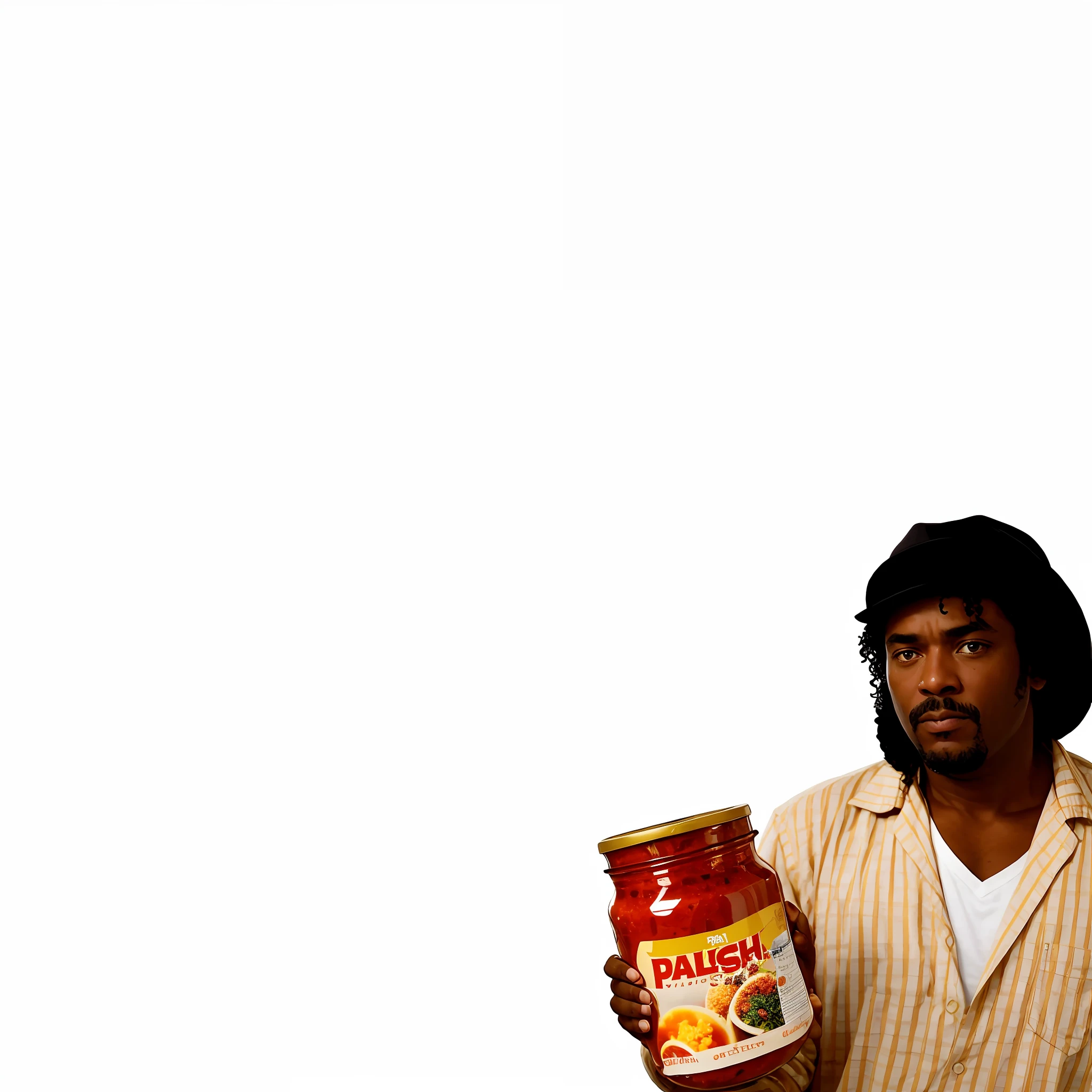 there is a man holding a jar of food in his hand, plain background, commercial shot, film promotional still, salsa vendor, new album cover, against a deep black background, alternate album cover, danbooru, umamusume, album art, sauce, with a black background, album cover, desktop background, pulp fiction style, internet meme