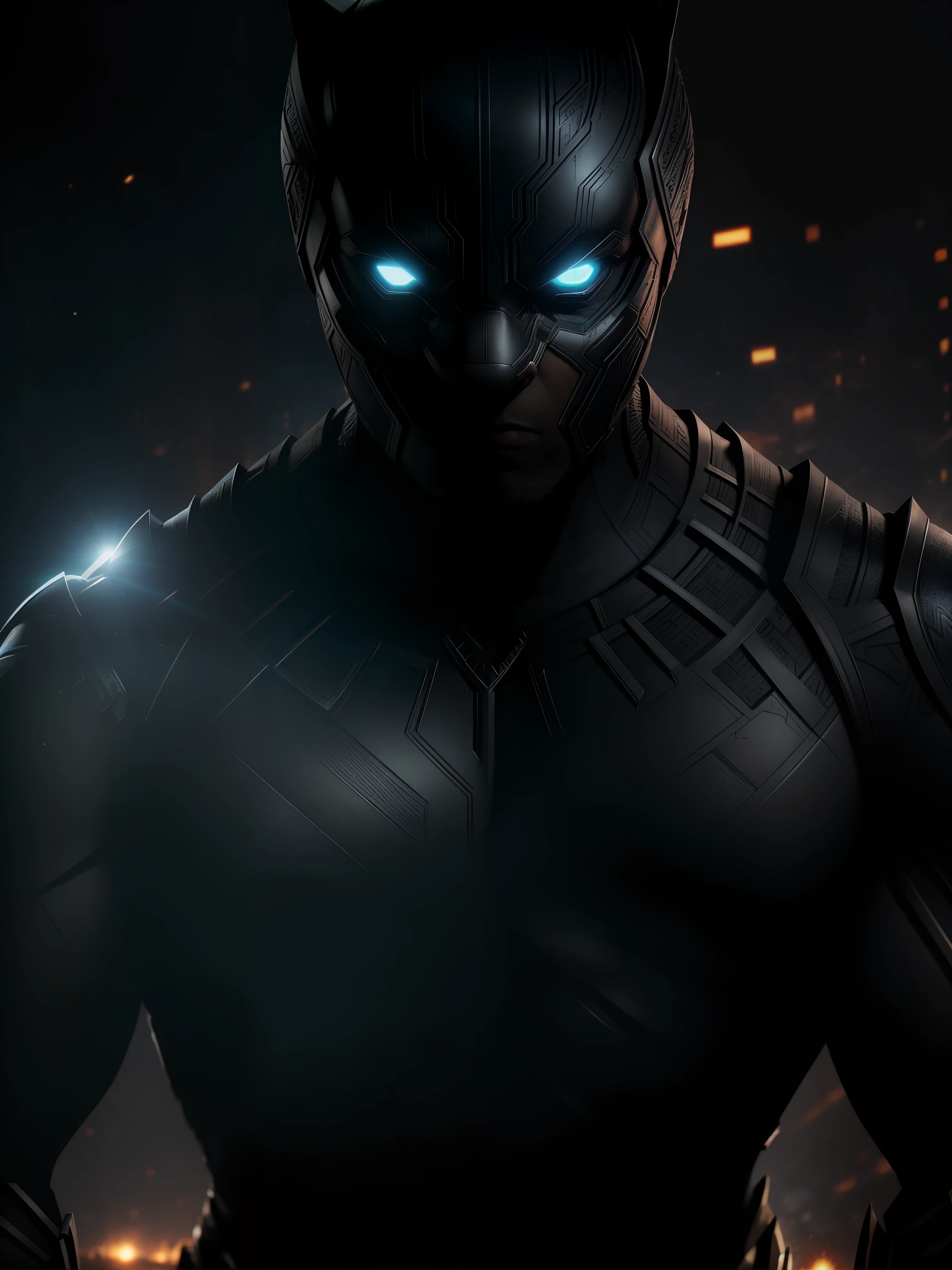 Movie scene, Black Panther from Marvel close-up shot, distorted space, distorted undead in the background, lens flares, light shafts, intricate details, highly detailed, volumetric lighting, 4k rendering, stock photo, hyper-realistic, realistic textures, dramatic lighting, Unreal Engine