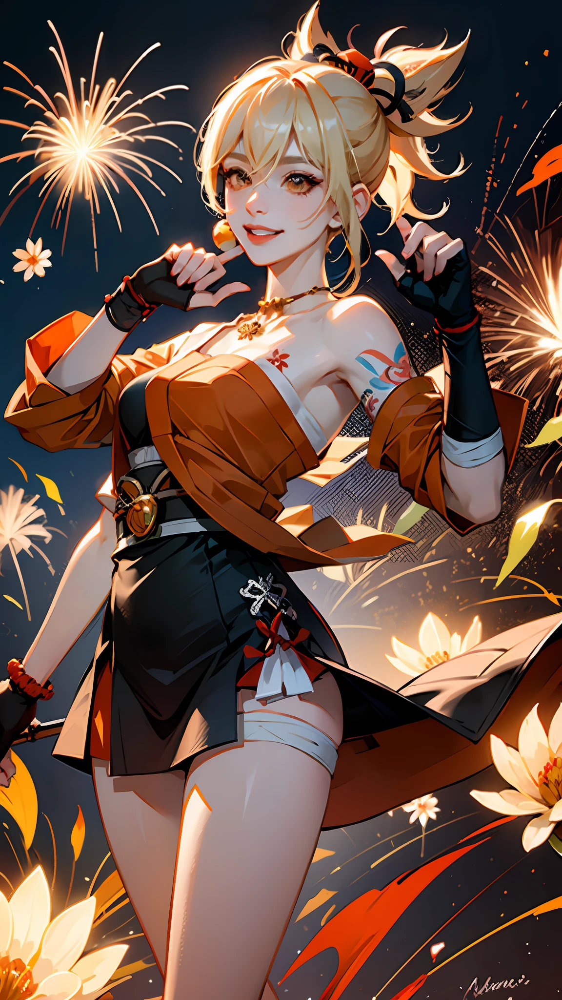 ((Masterpiece)), (Best Quality: 1.7), (detail: 1.4), (High resolution: 1.4), 8K, (Color: 1.5), 2D, High resolution, Sharp image, 4K, HD, Meigiya (Genshin Impact), Shimocha, Kimono, Nail polish, Bandage legs, Tattoo, Single-finger gloves, Fingerless gloves, Red necklace, Arm support, Hair between eyes, Bandage, Necklace, Look at the audience, Belt, Single bare shoulder, Vision (Genshin Impact), Blonde, Collon, Orange Kimono, Blush, medium breasts, hands up, bandage arms, thighs, black gloves, flower tattoo, arashi, chest arasa, japanese clothes, rope, orange eyes, orange nails, solo, belt, arm tattoo, shut up, ponytail, white background, gloves, jewelry, smile, hair accessory, hada nuji dosa, 1 girl, chest tattoo, half, sphere, sun, flowers, shoulder shedding, standing,