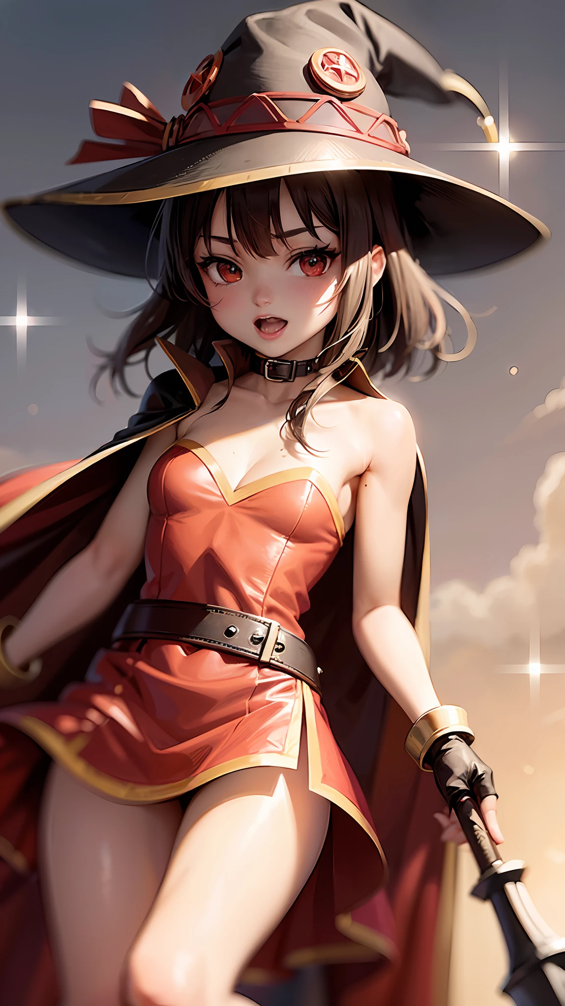 Megumin sexy ((best quality)), ((masterpiece)), (detailed), ultra detailed, a girl, solo look, looking at the viewer, (interview: 1.3), beam, belt, black hair, brown hair, cape, collar, diffraction_spikes, dress, eyebrows visible through hair, fingerless gloves, gloves, glitter, glowing weapon, hat, megumin, open mouth, red dress, red eyes, short hair, small breasts, solo, witch hat of the staff, correct anatomy, masterpiece, best quality, (masterpiece), (best quality: 1.4), (ultra highres: 1.2), (hyper-realistic: 1.4), (photorealistic: 1.2)