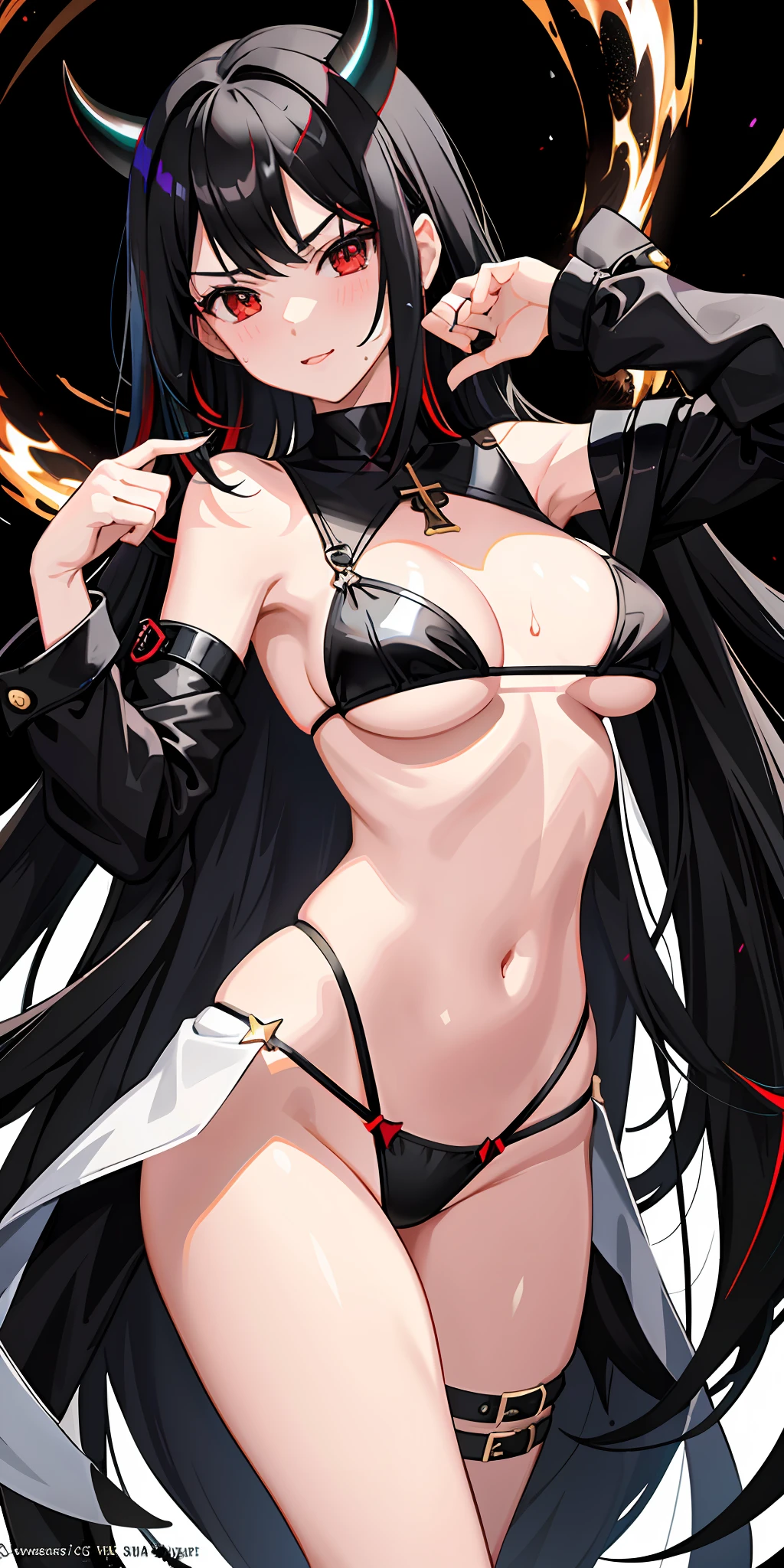 1girl, black hair, multicolored hair(white,black), red eyes, sidelighting, light particles, wallpaper, big breast,g string, small bra,  dynamic pose, bring a sword, devil horn, Angel wing,milf body, seductif, sweating body, blush face