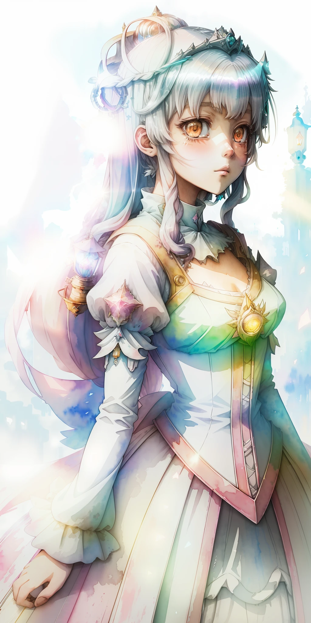 perfectly structured, (watercolor), digital illustration, anime style, a dirty, the immaculate (princess of light:1.5), highly detailed, volumetric lighting, kawaii pastel colors, dynamic composition, sharp and crisp image, (delicate, sublime:1.2), beautiful beyond words,