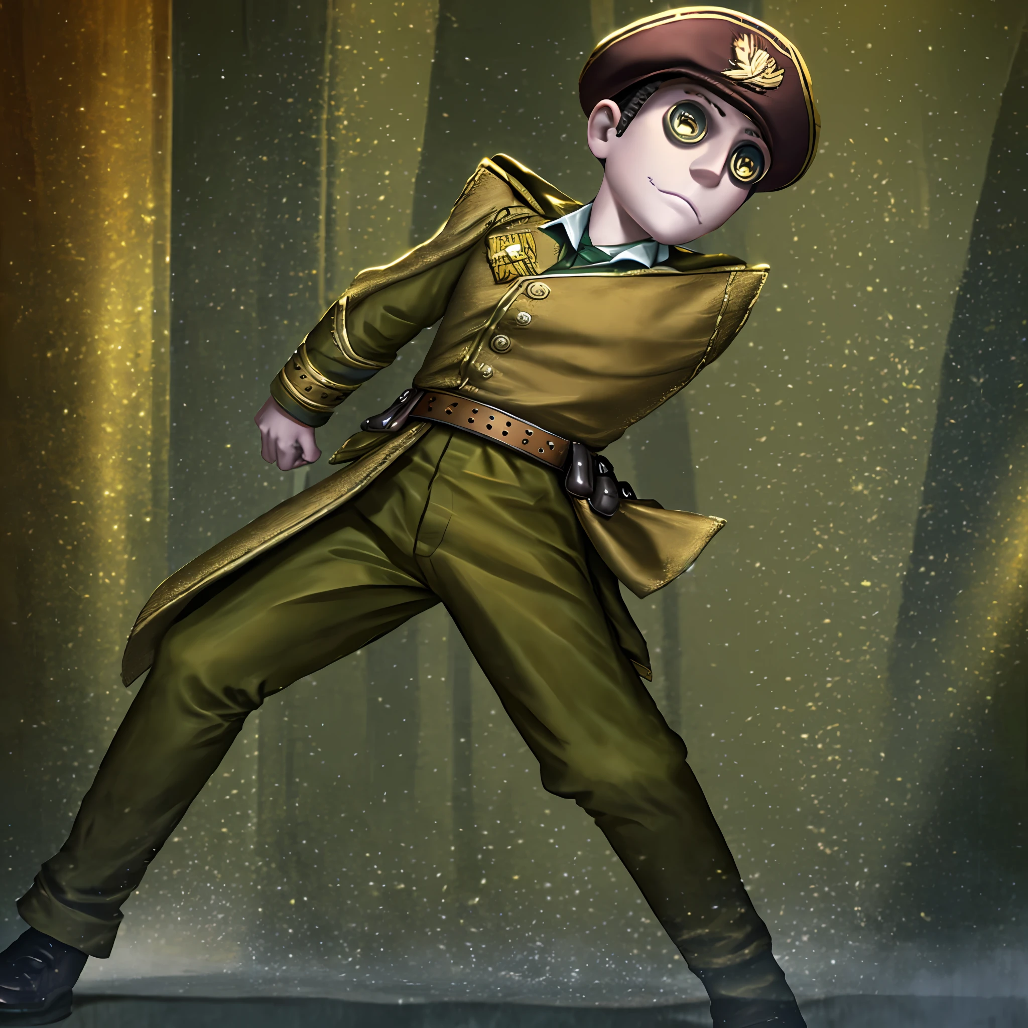 Masterpiece, high quality, young boy, ocher knee-length military uniform, holding a pistol in hand, brown small beret, facing forward, looking at camera, full body, center of screen