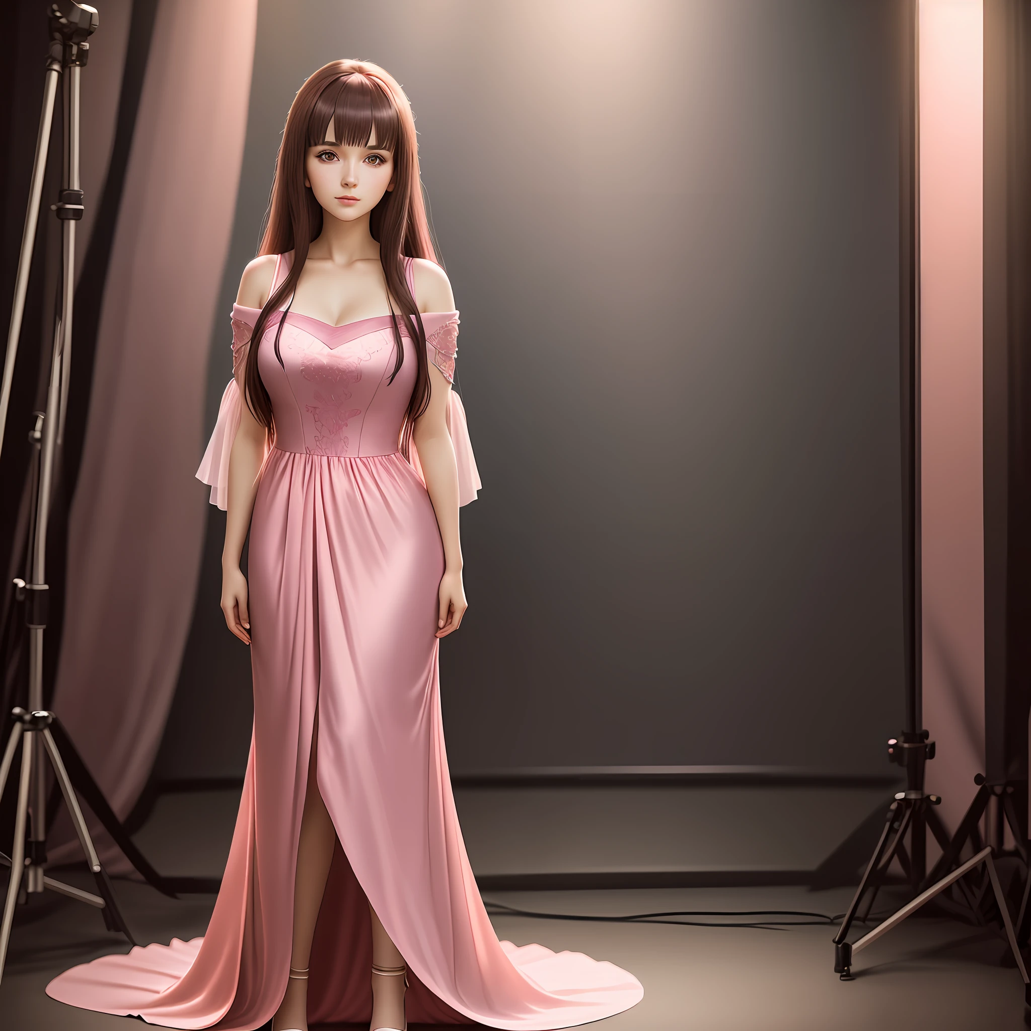 Photo of beautiful young woman, age 25, (((head in frame))), (full body), pink dress, perfectly beautiful, highly detail, dark hair, ((anime)), realistic anime portrait, studio lighting, anime photography