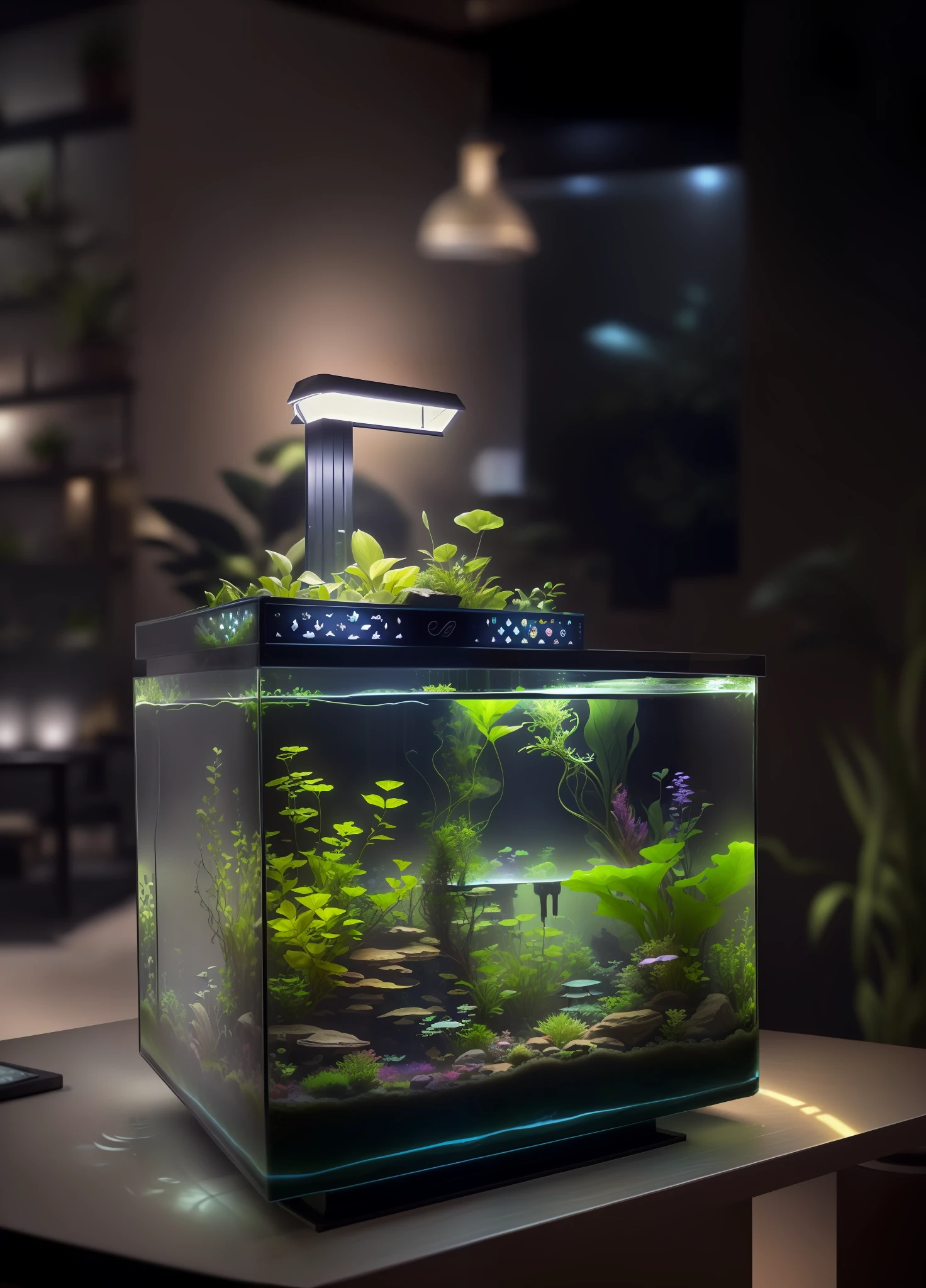 there is a fish tank with plants growing in it on a table, fish tank, ecosystem, lamp ( ( ( fish tank ) ) ) ), filled with plants and habitats, with a miniature indoor lake, serene environment, overgrown with aquatic plants, peaceful environment, beatifully lit, biophilia mood, scenic full shot, water flows inside the terrarium