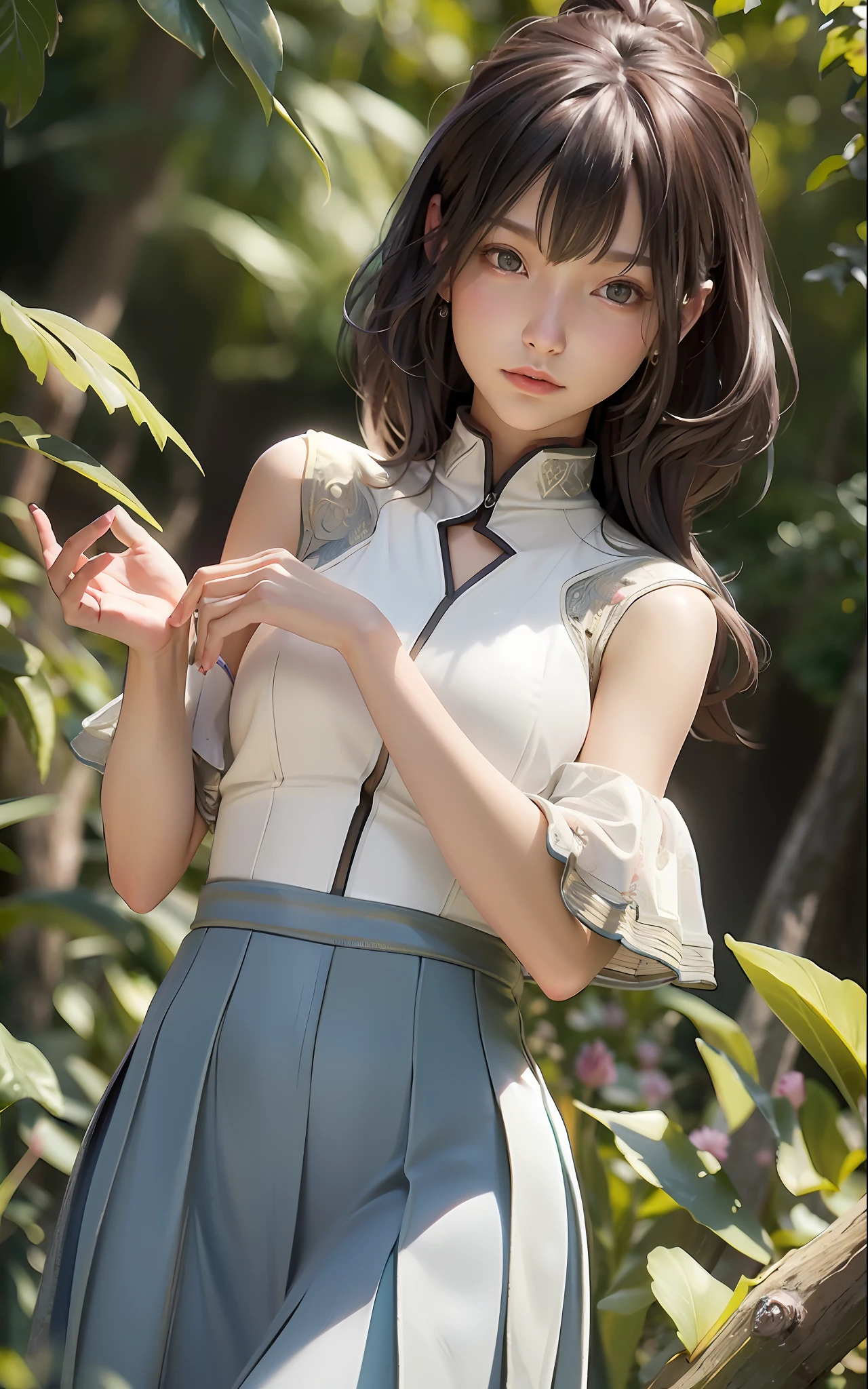 ((Best Quality)), (Masterpiece)), (Details: 1.4), 3D, Images of neat and clean modern women, Sparkling brown hair, Beautiful brown eyes, Beautiful face, Dark blue pleated long skirt, white blouse, Small, Gaze into the distance, Dynamic Angle, HDR, Ray Tracing, NVIDIA RTX, Super Resolution, Unreal 5, Subsurface Scattering, PBR texturing, post-processing, anisotropic filtering, depth of field, maximum clarity and sharpness, multi-layer textures, albedo and specular maps, surface shading, accurate simulation of light-matter interactions, perfect proportions, octane rendering, two-tone lighting, wide aperture, low ISO, White Balance, Rule of Thirds, 8K RAW,