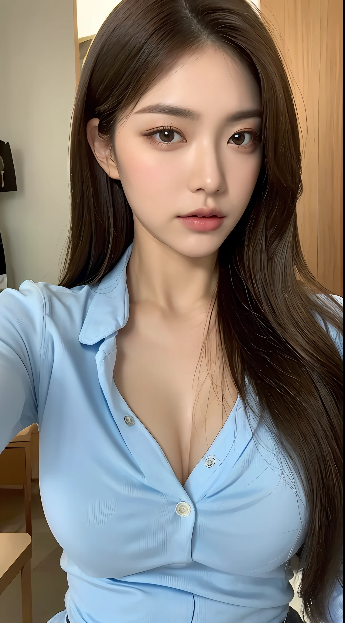 ((top quality, 8k, masterpiece: 1.3)), Sharp Focus: 1.2, Pretty woman in perfect figure: 1.4, Slender abs: 1.2, ((dark brown hair, huge breasts: 1.5)), (wearing a white button-up shirt, Jean: 1.1), Urban area: 1.2, highly detailed face and skin texture, detailed eyes, double eyelids