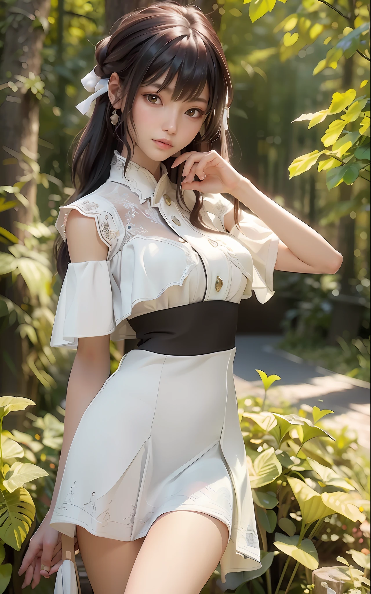 ((Best Quality)), (Masterpiece)), (Details: 1.4), 3D, Images of neat and clean modern women, Sparkling brown hair, Beautiful brown eyes, Beautiful face, Dark blue pleated long skirt, white blouse, Small, Gaze into the distance, Dynamic Angle, HDR, Ray Tracing, NVIDIA RTX, Super Resolution, Unreal 5, Subsurface Scattering, PBR texturing, post-processing, anisotropic filtering, depth of field, maximum clarity and sharpness, multi-layer textures, albedo and specular maps, surface shading, accurate simulation of light-matter interactions, perfect proportions, octane rendering, two-tone lighting, wide aperture, low ISO, White Balance, Rule of Thirds, 8K RAW,