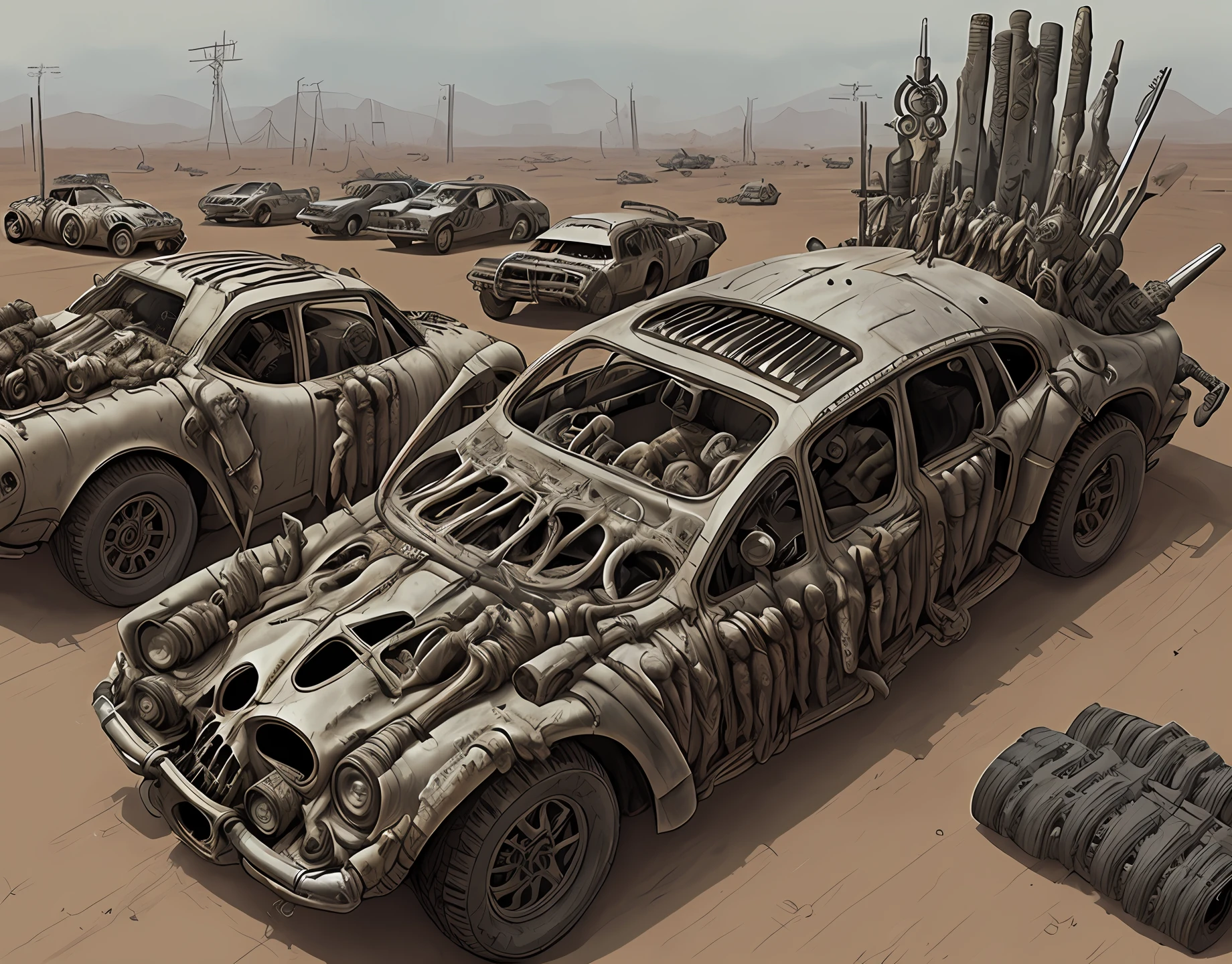 A Mad Max-style car made of human skulls, side weapons, in a post-apocalyptic world. Drawing style by alex ross