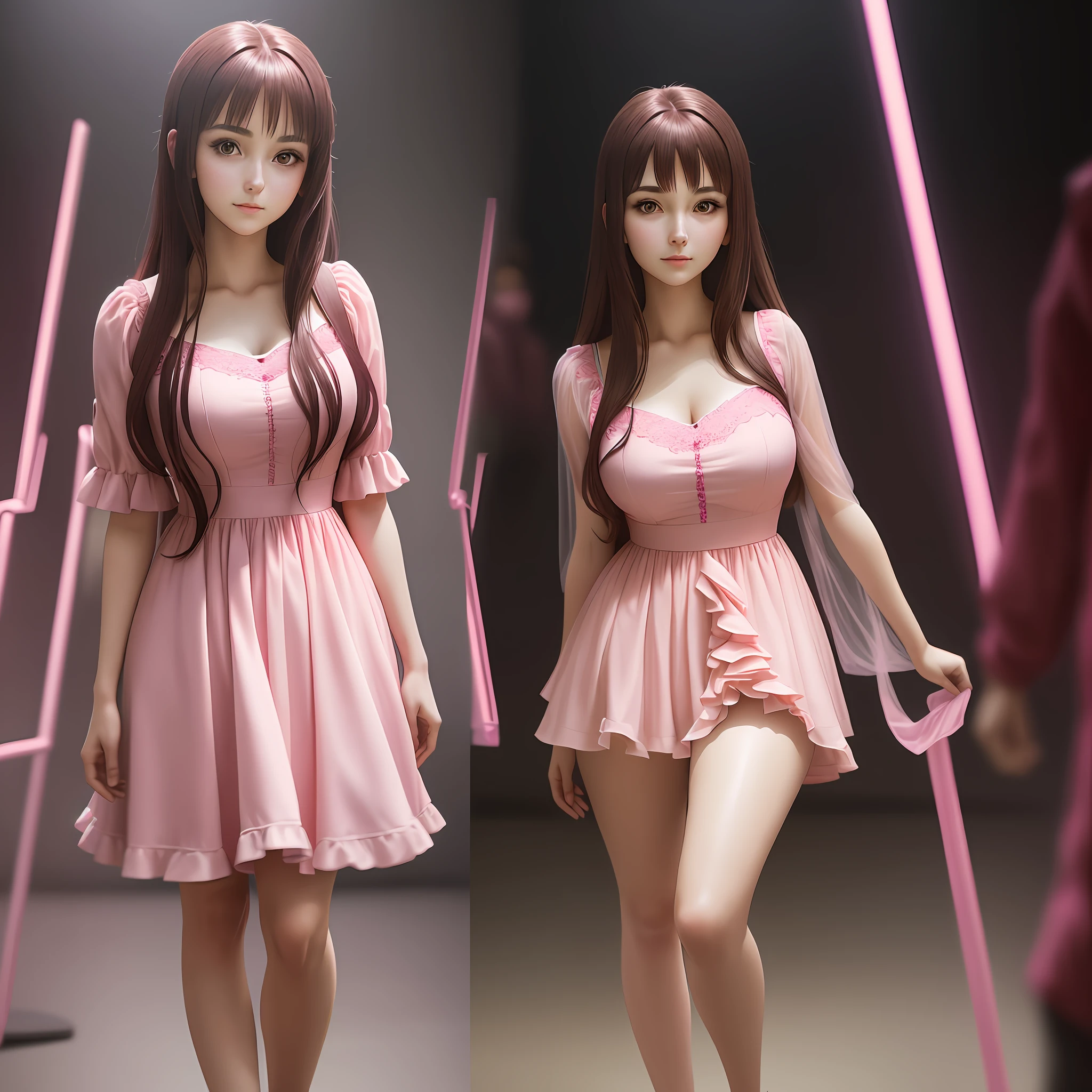 Photo of beautiful young woman, age 25, (((head in frame))), (full body), pink dress, perfectly beautiful, highly detail, dark hair, ((anime)), realistic anime portrait, studio lighting, anime photography