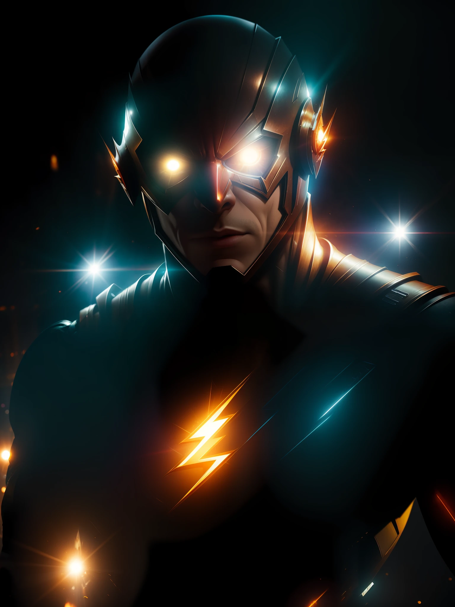 Movie scene, Flash from DC close-up, distorted space, distorted undead in the background, lens flares, light shafts, intricate details, highly detailed, volumetric lighting, 4k rendering, stock photo, hyper-realistic, realistic textures, dramatic lighting, Unreal Engine