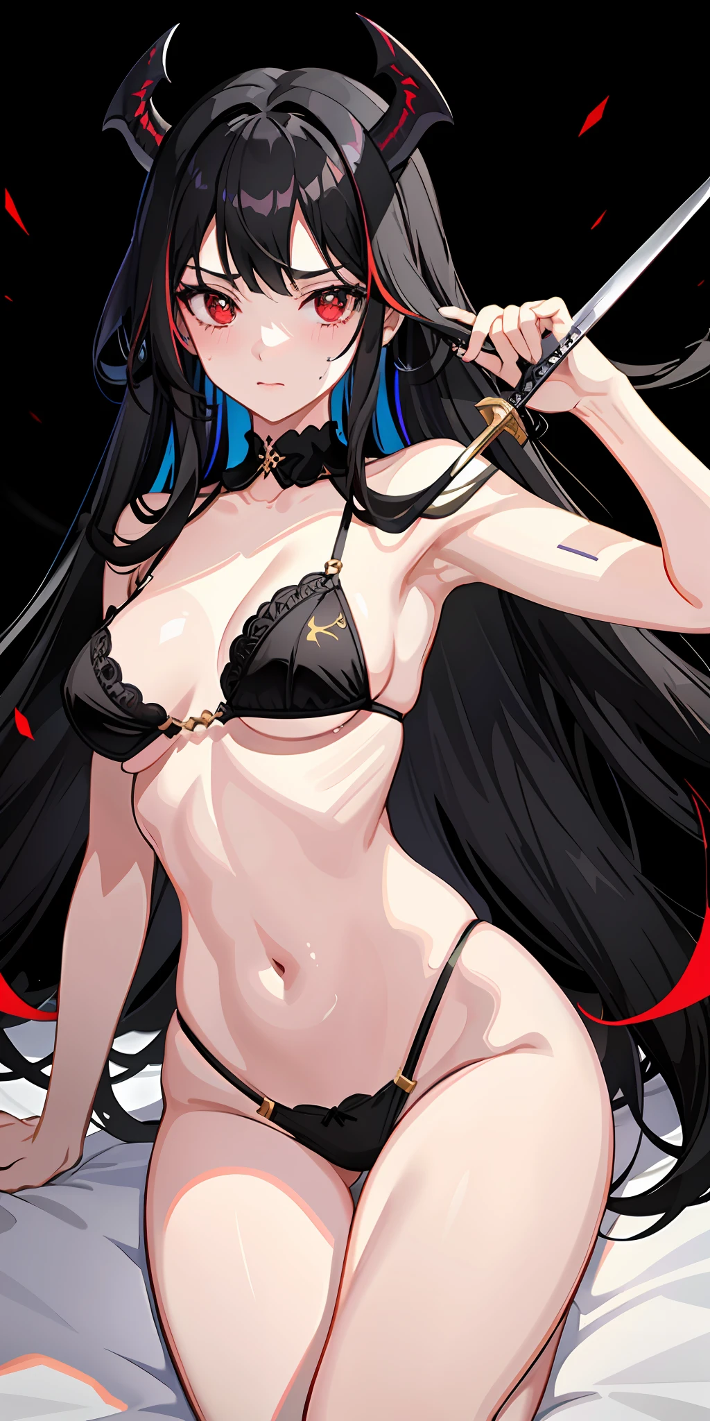 1girl, black hair, multicolored hair(white,black), red eyes, sidelighting, light particles, wallpaper, big breast,g string, small bra, dynamic pose, bring a sword, devil horn, Angel wing,milf body, seductif, sweating body, blush face,on the bed