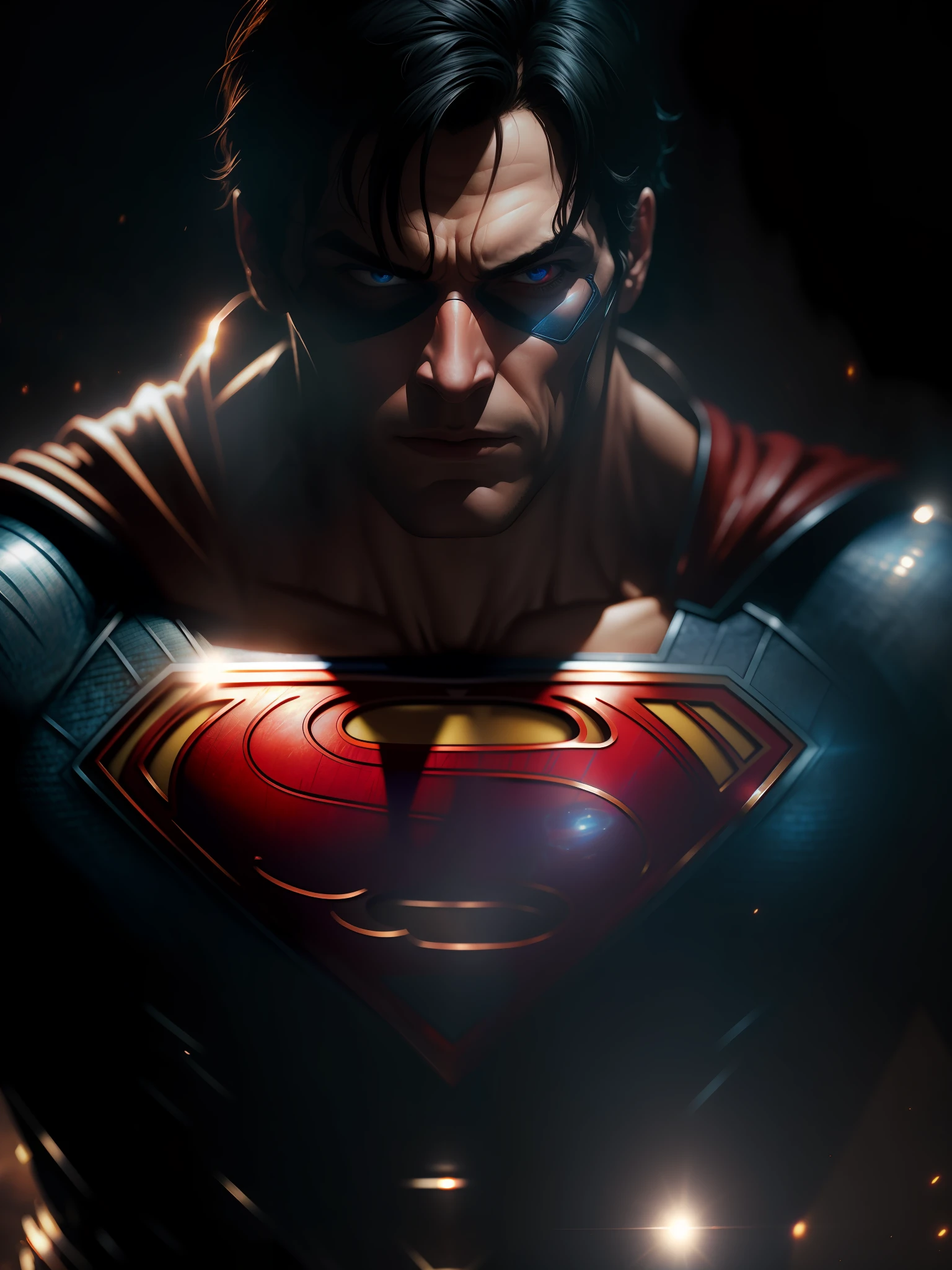 Movie scene, Superman from DC close-up shot, distorted space, distorted undead in the background, lens flares, light shafts, intricate details, highly detailed, volumetric lighting, 4k rendering, stock photo, hyper-realistic, realistic textures, dramatic lighting, Unreal Engine