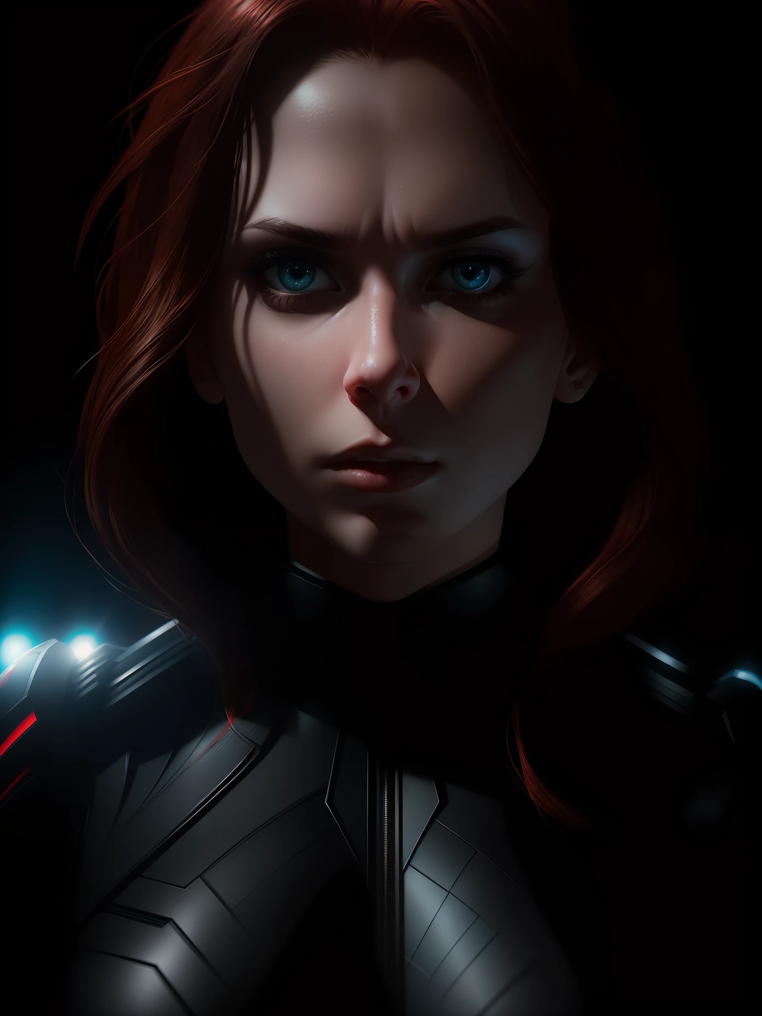 Movie scene, Black Widow from Marvel close-up shot, distorted space, distorted undead in the background, lens flares, light shafts, intricate details, highly detailed, volumetric lighting, 4k rendering, stock photo, hyperrealistic, realistic textures, dramatic lighting, Unreal Engine