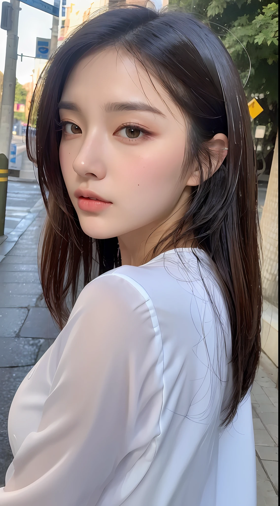 ((Best Quality, 8K, Masterpiece: 1.3)), Sharp: 1.2, Perfect Body Beauty: 1.4, Slim Abs: 1.2, ((Layered Hairstyle, Big Breasts: 1.2)), (Wet White Button Long Shirt: 1.1), (Rain, Street: 1.2), Wet: 1.5, Highly detailed face and skin texture, detailed eyes, double eyelids, side face looking at the camera