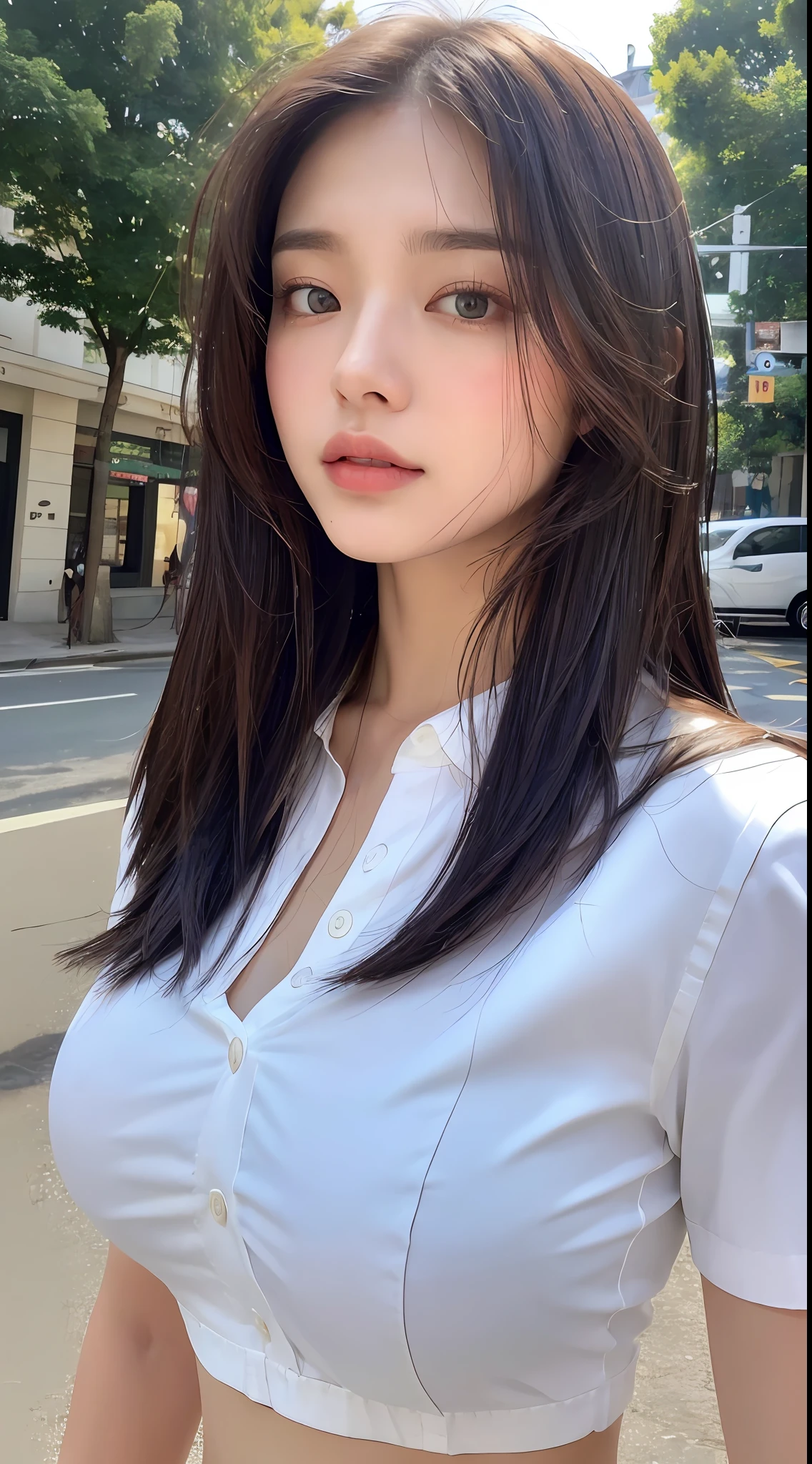 ((Best Quality, 8K, Masterpiece: 1.3)), Sharp: 1.2, Perfect Body Beauty: 1.4, Slim Abs: 1.2, ((Layered Hairstyle, Big Breasts: 1.2)), (Wet White Button Long Shirt: 1.1), (Rain, Street: 1.2), Wet: 1.5, Highly detailed face and skin texture, detailed eyes, double eyelids, side face looking at the camera