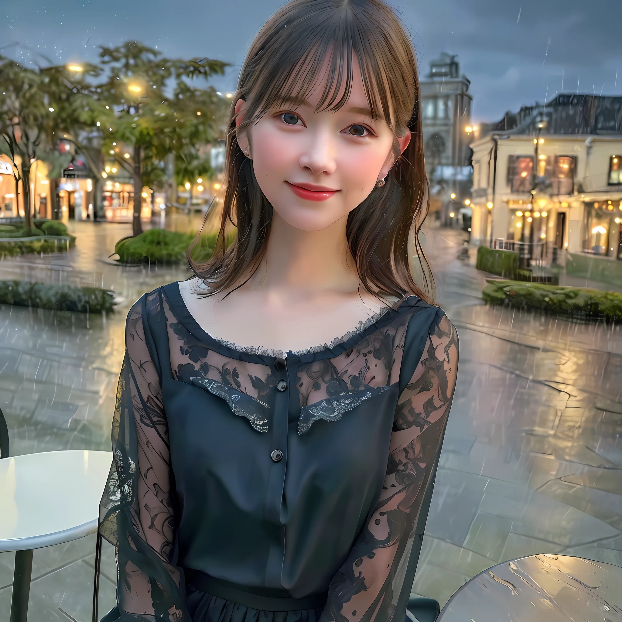 (8k, Best Quality, Masterpiece:1.2), (Realistic, Photorealistic:1.37), Ultra Detailed, 1 Girl,Solo,Beautiful Detailed Sky,Detailed Cafe,Night,Sitting,Date,(Reddens Nose),(Smile:1.15),(Closed Mouth)Big,Beautiful Fine Eyes,(Shirt:1.1),Night,Wet,Rain,White Lace,(Short Hair:1.2),Floating Hair NovaFrogStyle,Full Body,Sexy,Cute
