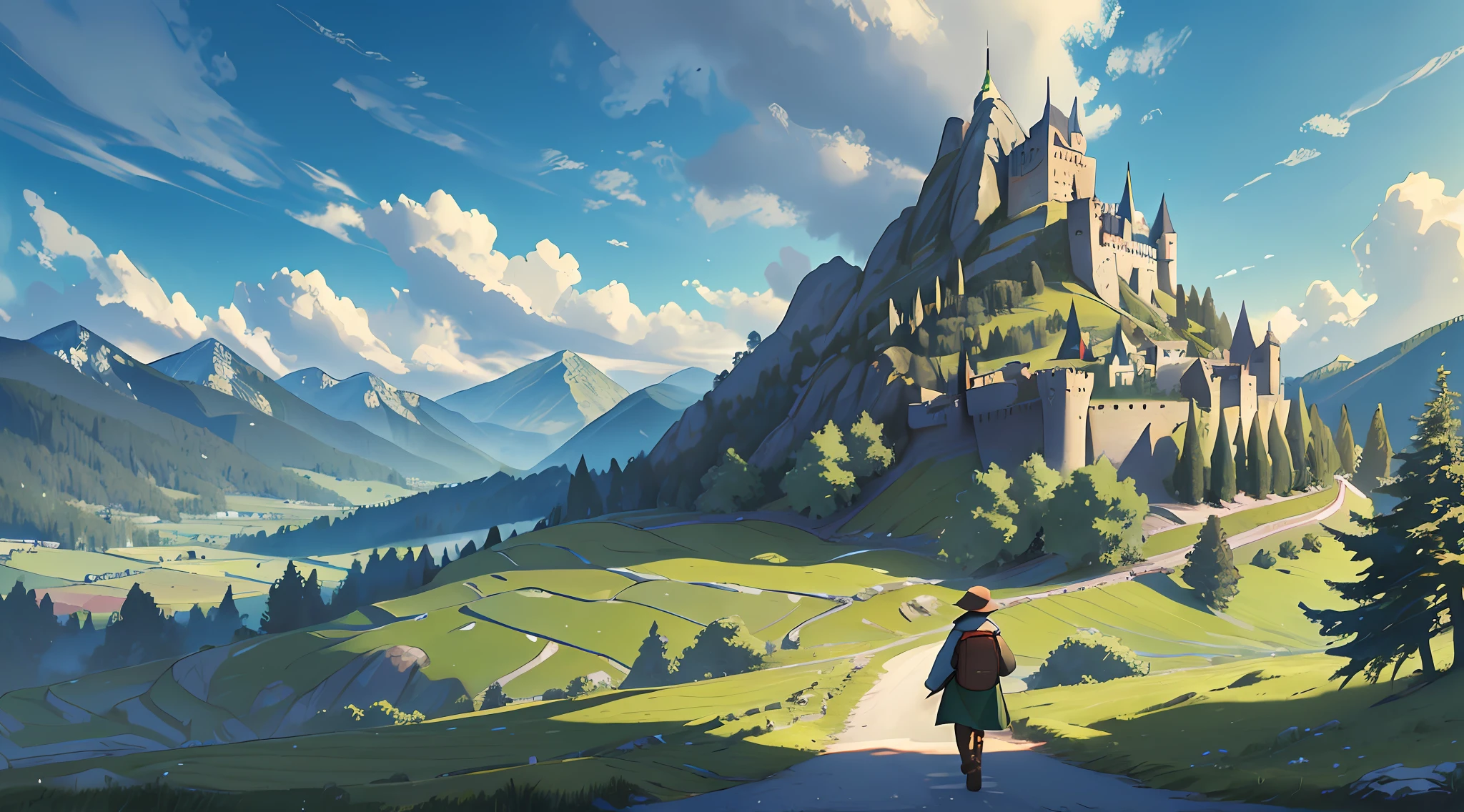 masterpiece, best quality, (fantasy landscape), natural light, warped clouds, (green fields), diverse environment, pine trees, mountains in the distance, (((a view of a hill))), ,a villager on the hill), a castle in the background, a small medieval village, film composition, ultra detailed, 8k, (((8k quality))).