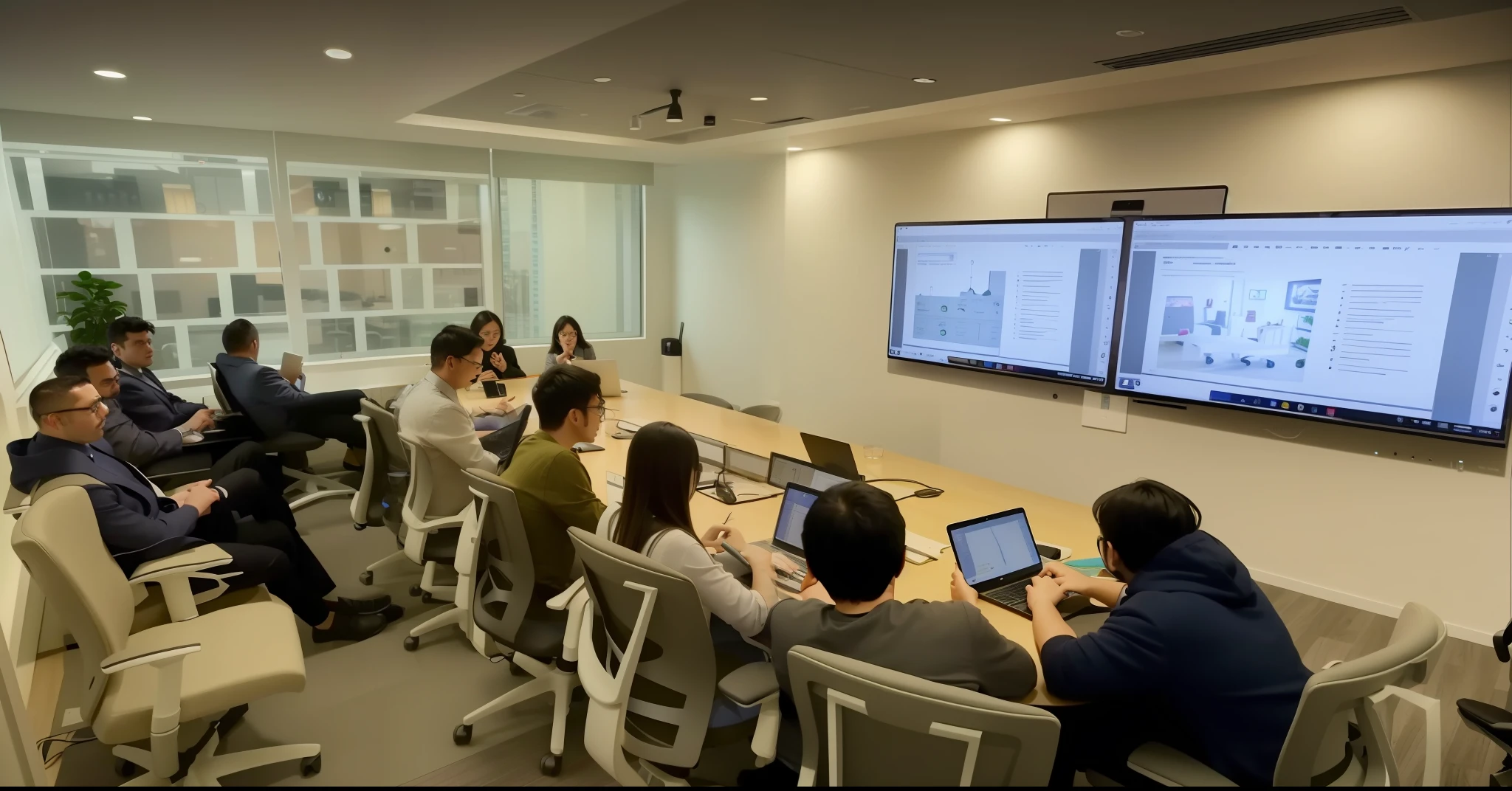 several people sitting at a table with laptops and monitors, endless collaboration with ai, in a meeting room, working in an office, in a open-space working space, busy room, youtube video screenshot, in meeting together, live, award - winning, award-winning, multi-dimensional, photograph of 3d ios room, corporate animation style, advanced technology