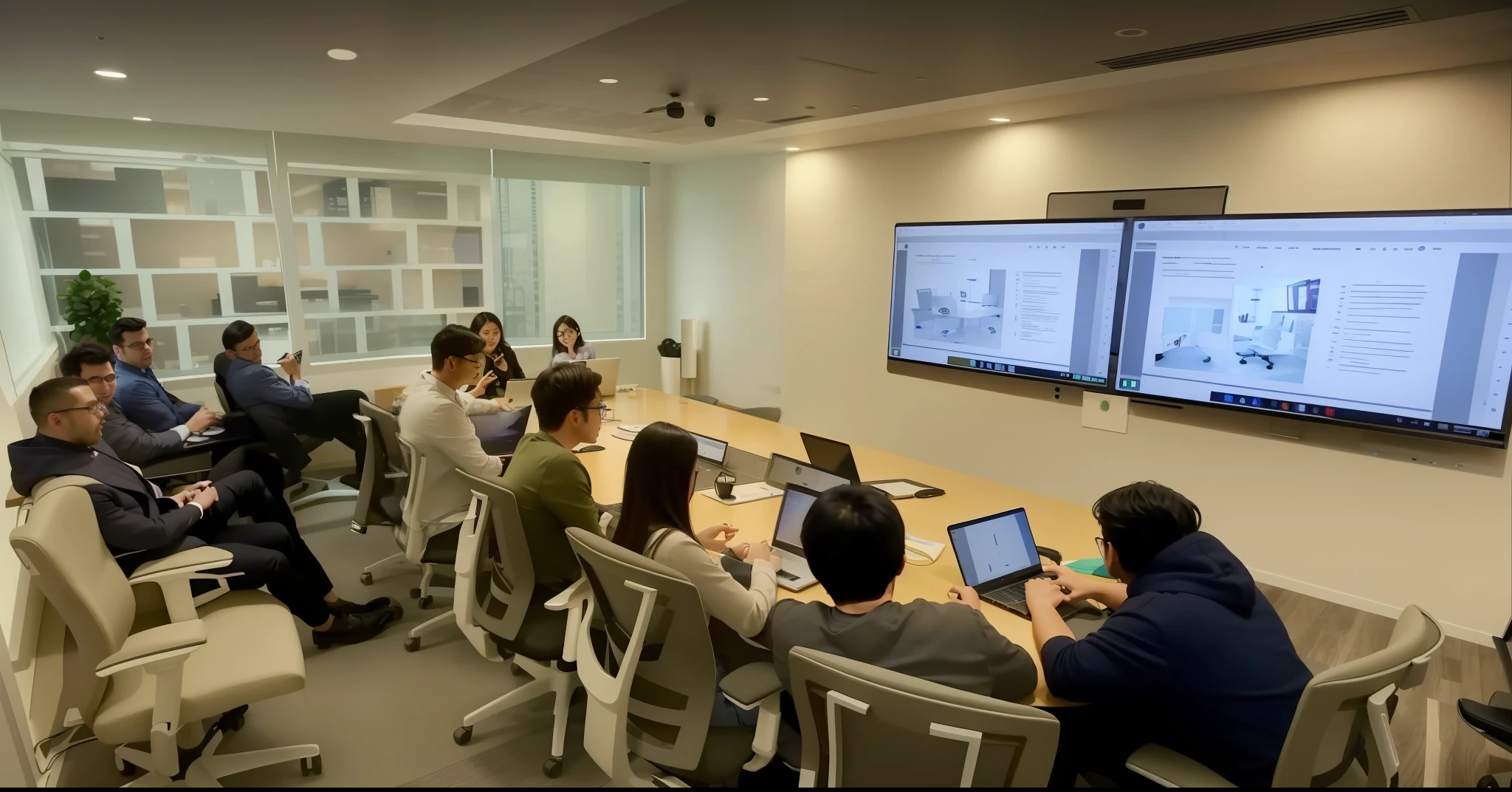 several people sitting at a table with laptops and monitors, endless collaboration with ai, in a meeting room, working in an office, in a open-space working space, busy room, youtube video screenshot, in meeting together, live, award - winning, award-winning, multi-dimensional, photograph of 3d ios room, corporate animation style, advanced technology