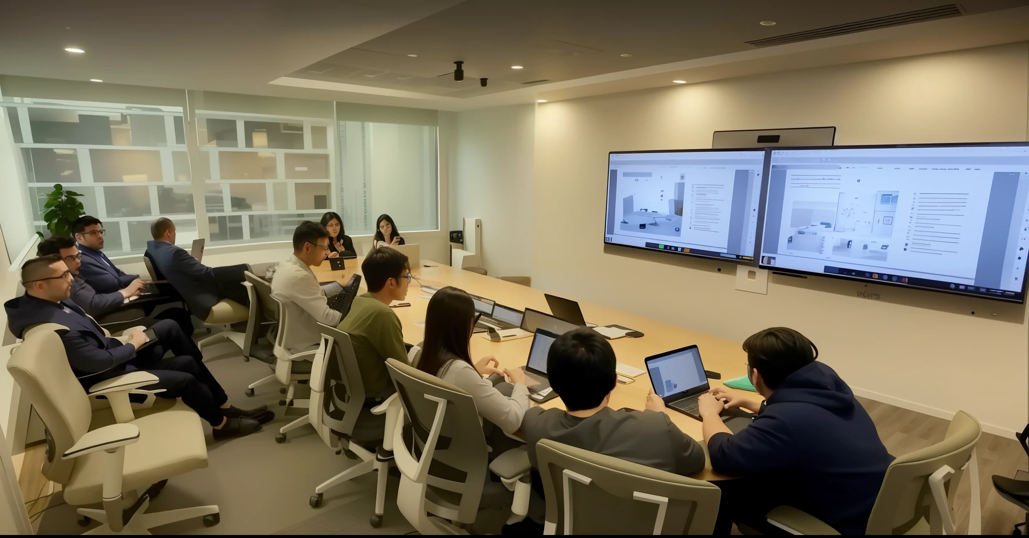 several people sitting at a table with laptops and monitors, endless collaboration with ai, in a meeting room, working in an office, in a open-space working space, busy room, youtube video screenshot, in meeting together, live, award - winning, award-winning, multi-dimensional, photograph of 3d ios room, corporate animation style, advanced technology