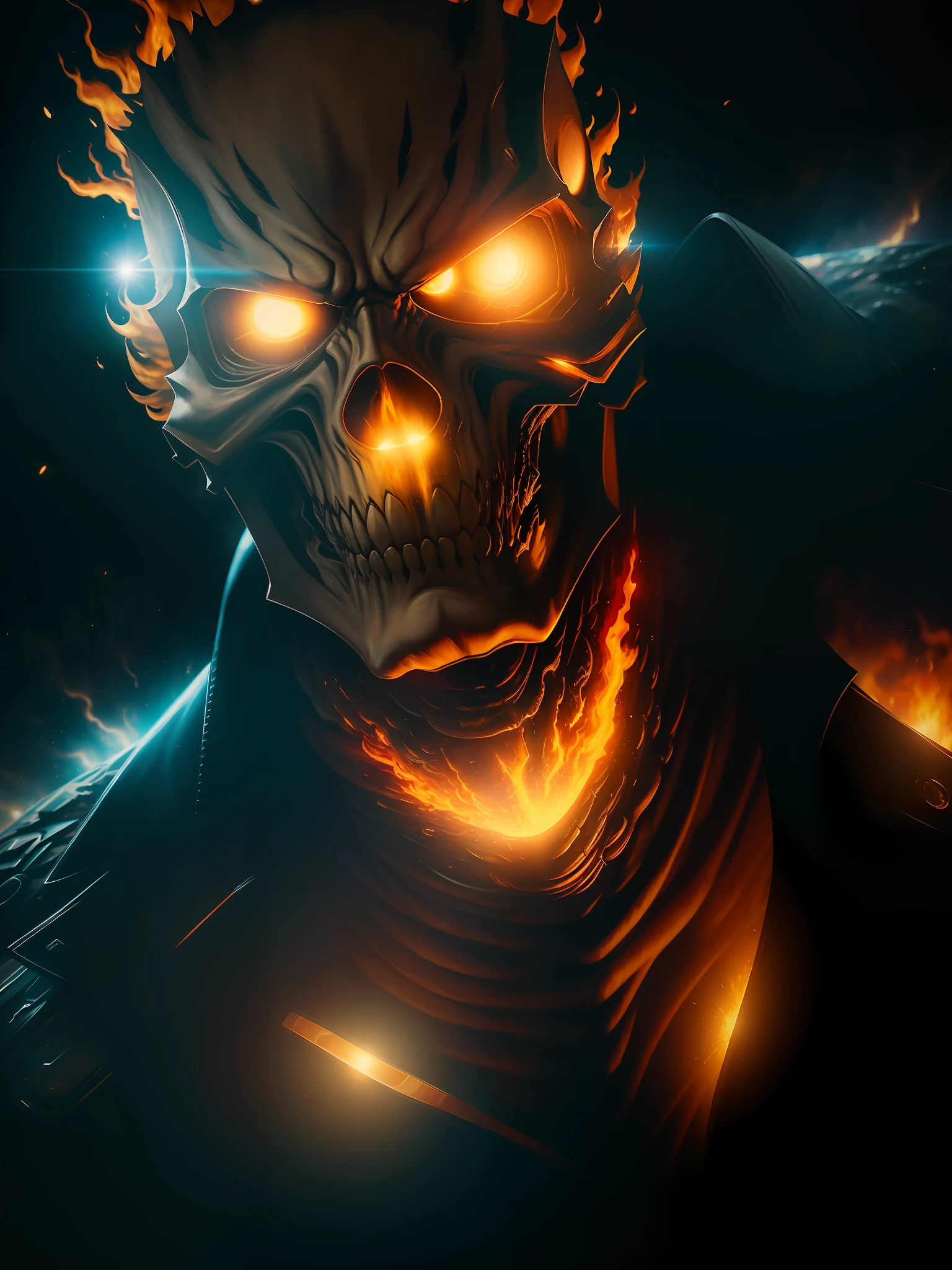 Movie scene, Ghost Rider from Marvel close-up shot, distorted space, distorted undead in the background, lens flares, light shafts, intricate details, highly detailed, volumetric lighting, 4k rendering, stock photo, hyper-realistic, realistic textures, dramatic lighting, Unreal Engine