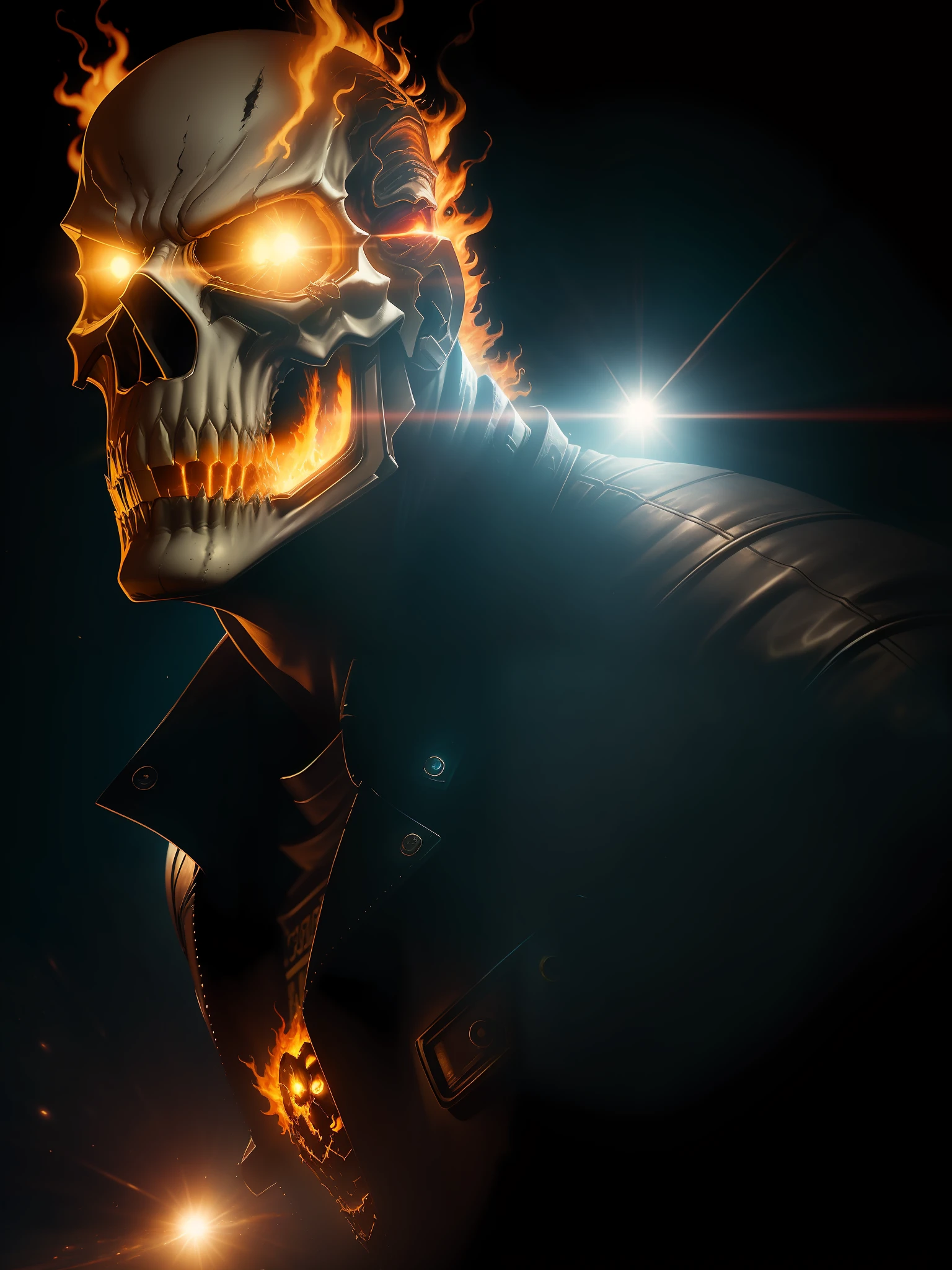 Movie scene, Ghost Rider from Marvel close-up shot, distorted space, distorted undead in the background, lens flares, light shafts, intricate details, highly detailed, volumetric lighting, 4k rendering, stock photo, hyper-realistic, realistic textures, dramatic lighting, Unreal Engine
