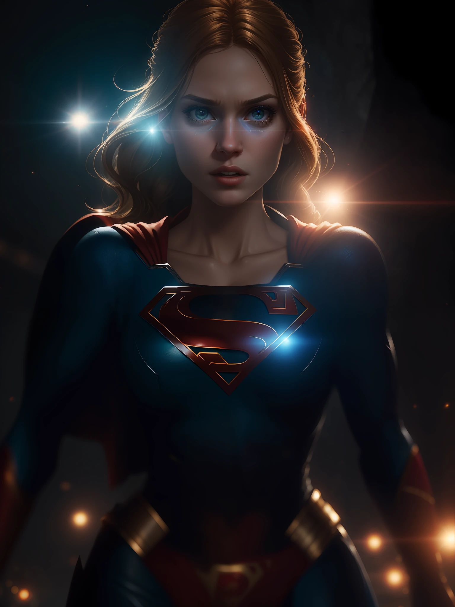 Movie scene, Supergirl from DC close-up shot, distorted space, distorted undead in the background, lens flares, light shafts, intricate details, highly detailed, volumetric lighting, 4k rendering, stock photo, hyperrealistic, realistic textures, dramatic lighting, Unreal Engine