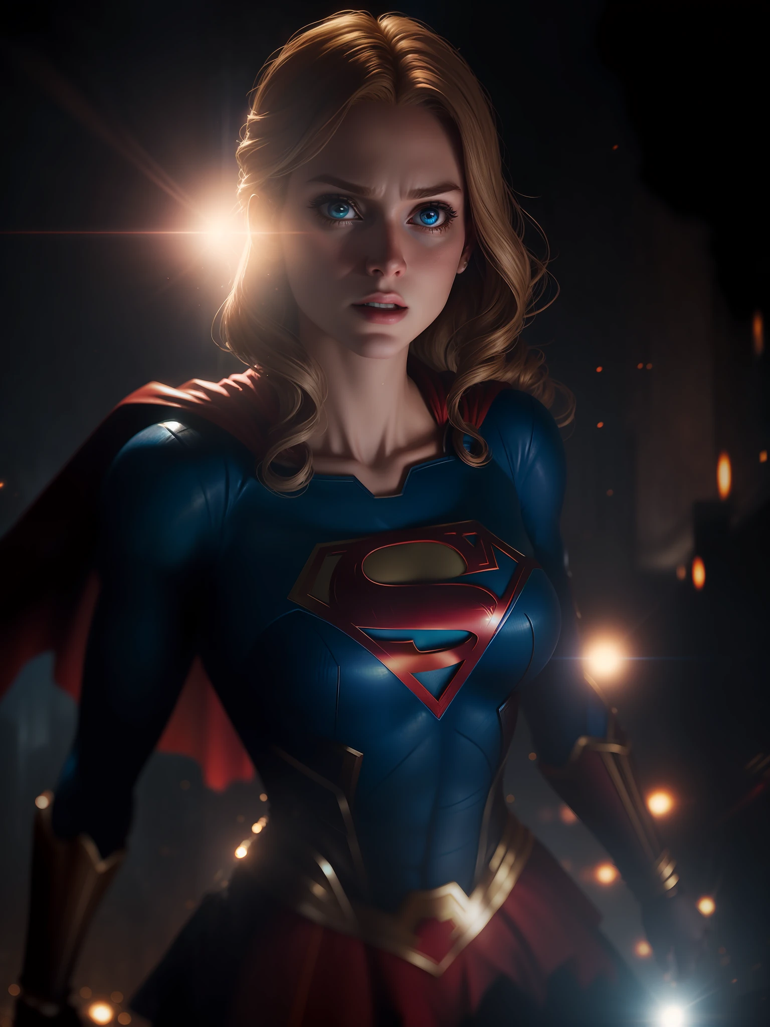 Movie scene, Supergirl from DC close-up shot, distorted space, distorted undead in the background, lens flares, light shafts, intricate details, highly detailed, volumetric lighting, 4k rendering, stock photo, hyperrealistic, realistic textures, dramatic lighting, Unreal Engine