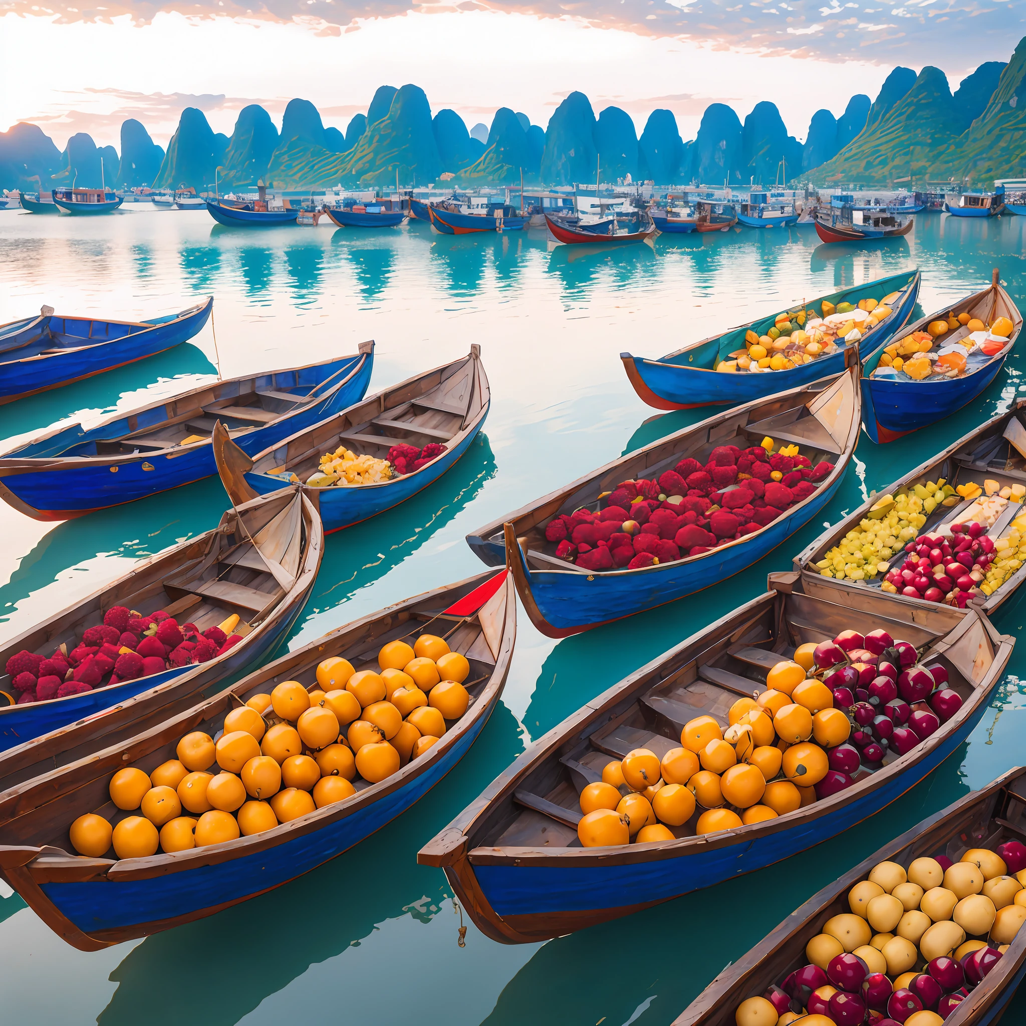 several boats are lined up with various fruits and vegetables on them, a picture by Ibrahim Kodra, pexels contest winner, renaissance, boats, vietnam, some boats, the vibrant echoes of the market, boats in the water, unsplash contest winning photo, elaborate composition, style steve mccurry, stunning visual, with water and boats, stunning image, picturesque