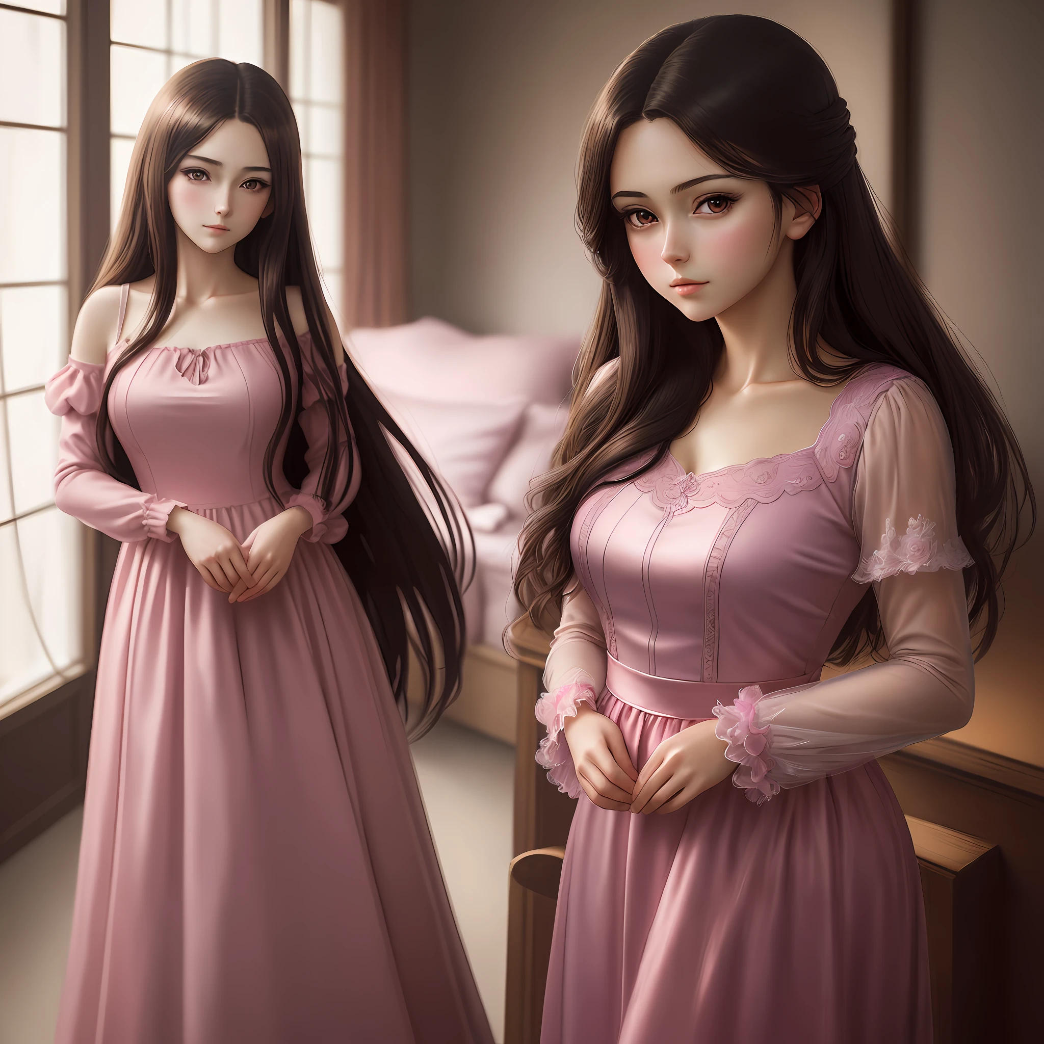 (masterpiece), best quality, highly detailed photo of a beautiful young woman (age 25), ((realistic anime portrait)), incredible detail on her dark hair, dressed in a perfect pink dress, breathtakingly beautiful, ((head in frame, full body)), shot with incredible clarity and realism, an absolutely stunning piece of anime photography.