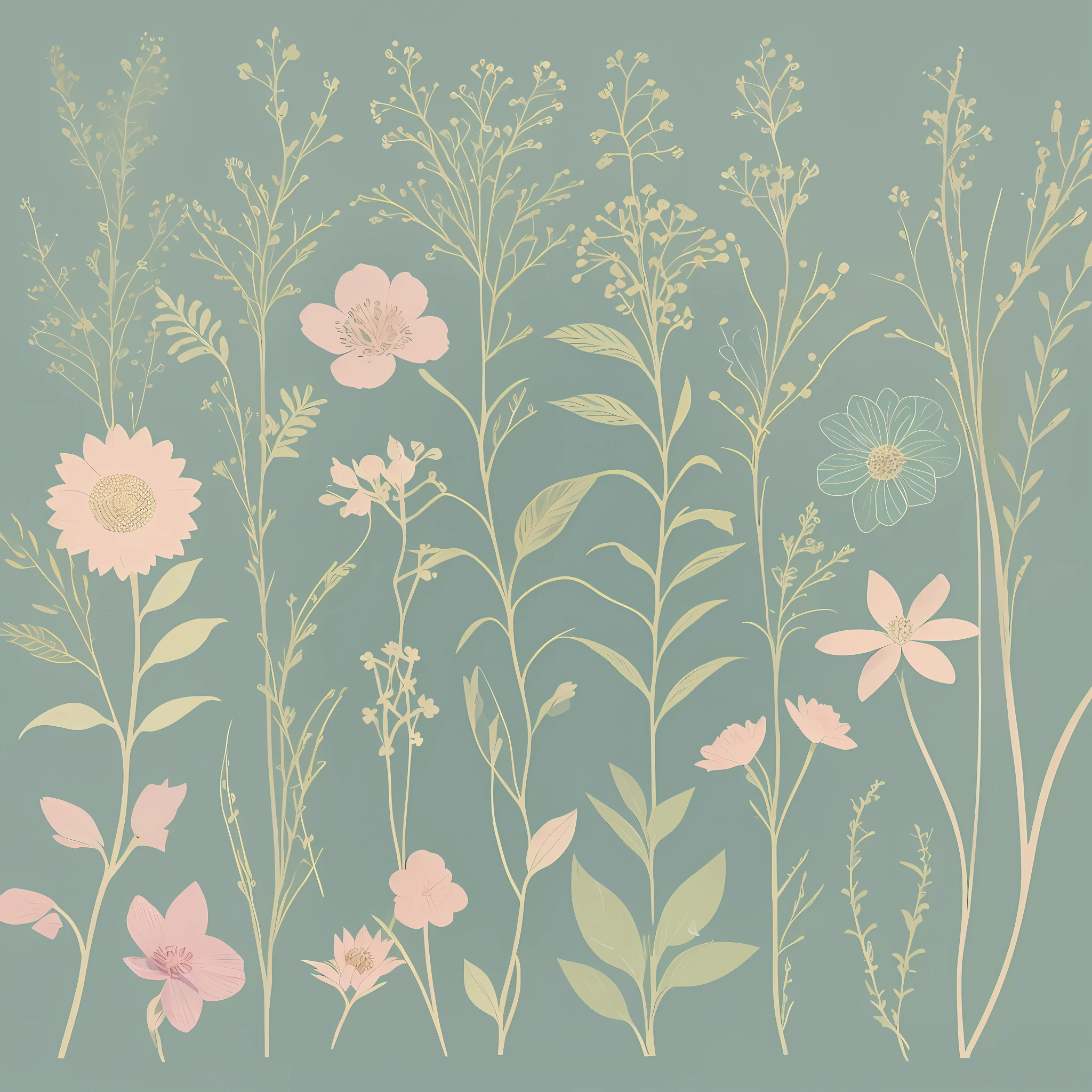 Small flower pattern label style, flat style, vector style, drawing style, naïve style, in very soft pastel colors such as old pink, moss green, light blue, pastel blue, beige, light yellow, pastel white. WHITE BACKGROUND