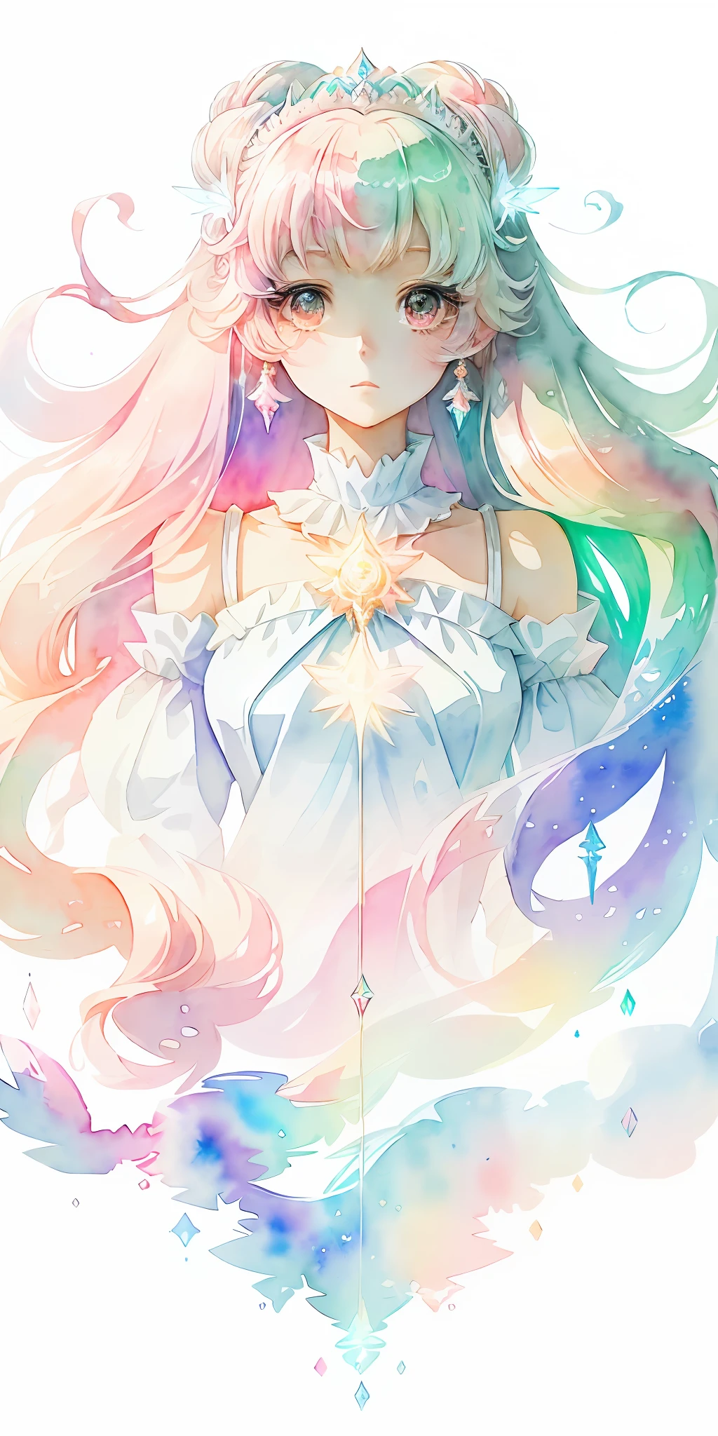 perfectly structured, (watercolor), digital illustration, anime style, the immaculate princess of light, highly detailed, volumetric lighting, kawaii pastel colors, dynamic composition, sharp and crisp image, (delicate, sublime:1.2), beautiful beyond words,