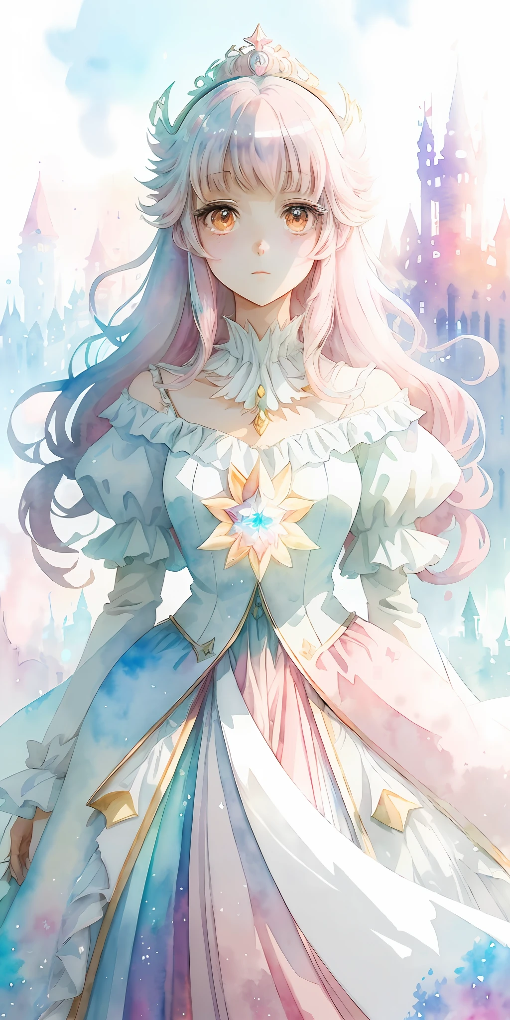 perfectly structured, (watercolor), digital illustration, anime style, the immaculate princess of light, highly detailed, volumetric lighting, kawaii pastel colors, dynamic composition, sharp and crisp image, (delicate, sublime:1.2), beautiful beyond words,