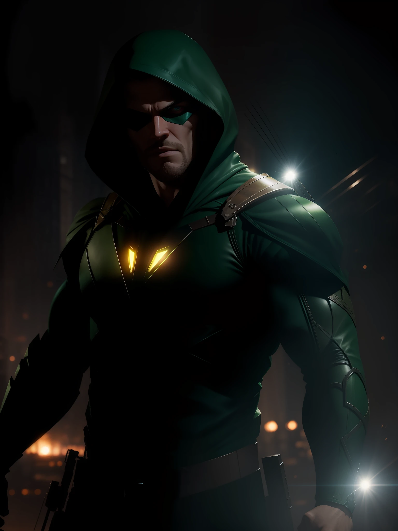 Movie scene, Green Arrow from DC close-up shot, distorted space, distorted undead in the background, lens flares, light shafts, intricate details, highly detailed, volumetric lighting, 4k rendering, stock photo, hyperrealistic, realistic textures, dramatic lighting, Unreal Engine